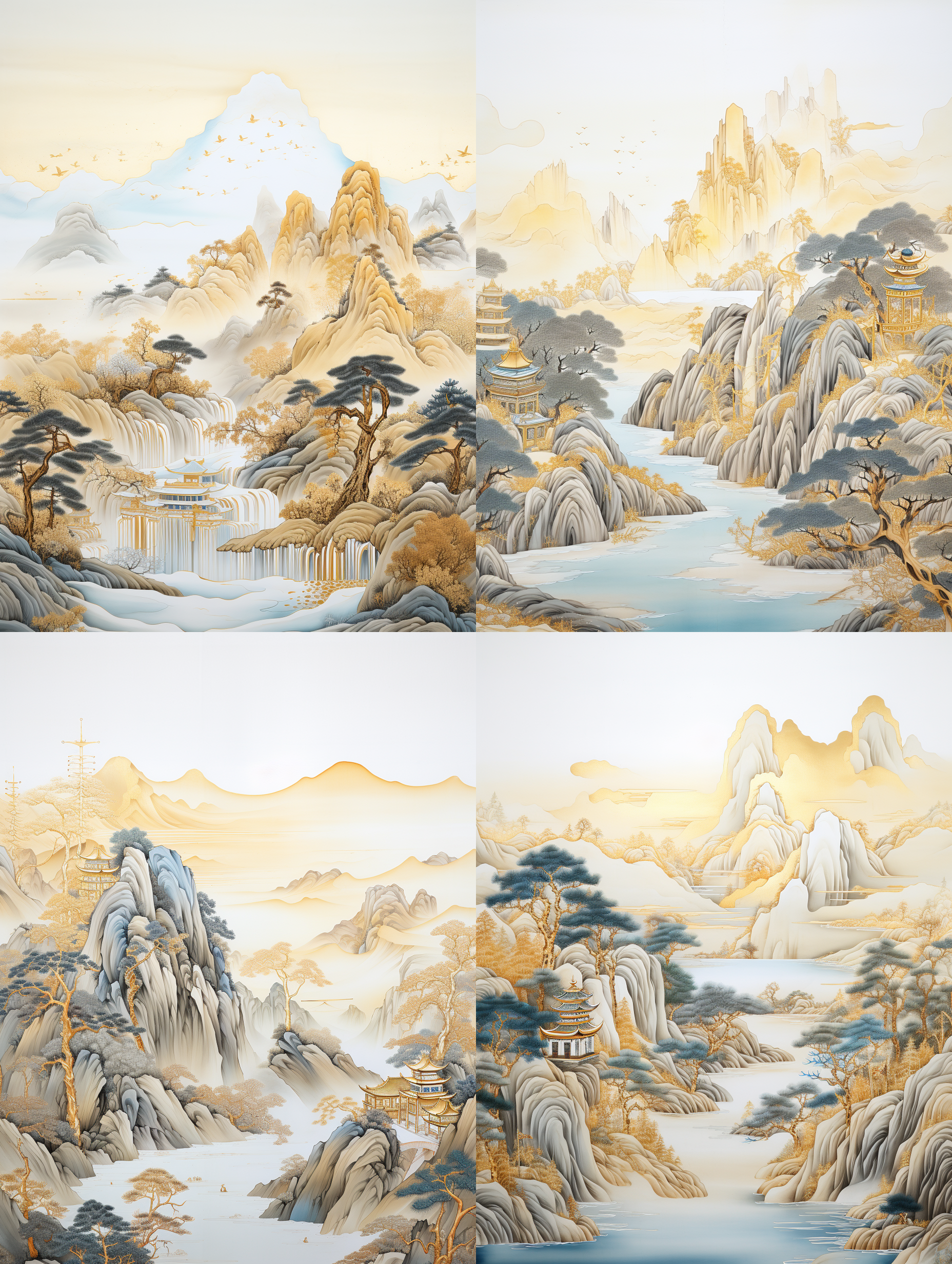 chinese embroidery craft of a golden-blue-green mountain with pavilions and trees, gilding, flowing liquid gold, minimalist color field, freehand brushwork, blank-leaving, organic form, simple background