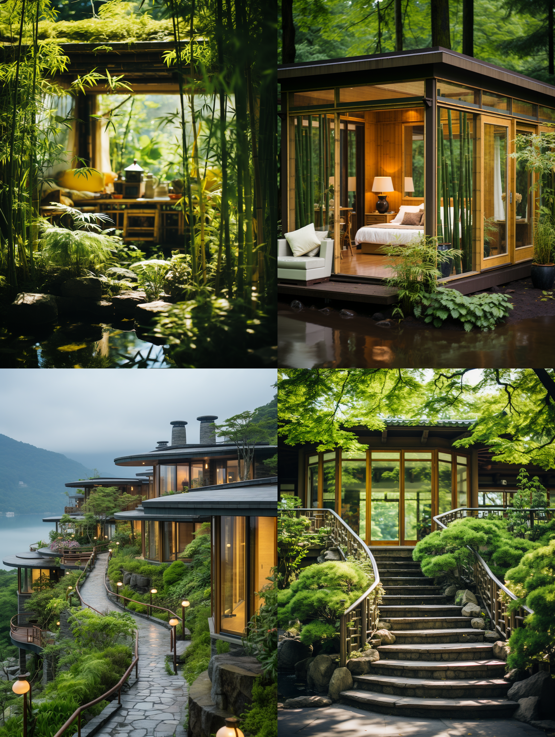 竹林小屋，朦胧光线，自然环境，远景构图，竹子搭建，柔和色调，鱼眼镜头，静态，宁静，恬淡。 古代中式 日式园林 植物亲和力 航拍视角 白绿 园林 世外桃源 古代中式 日式园林 植物亲和力 航拍视角 白绿 园林 世外桃源