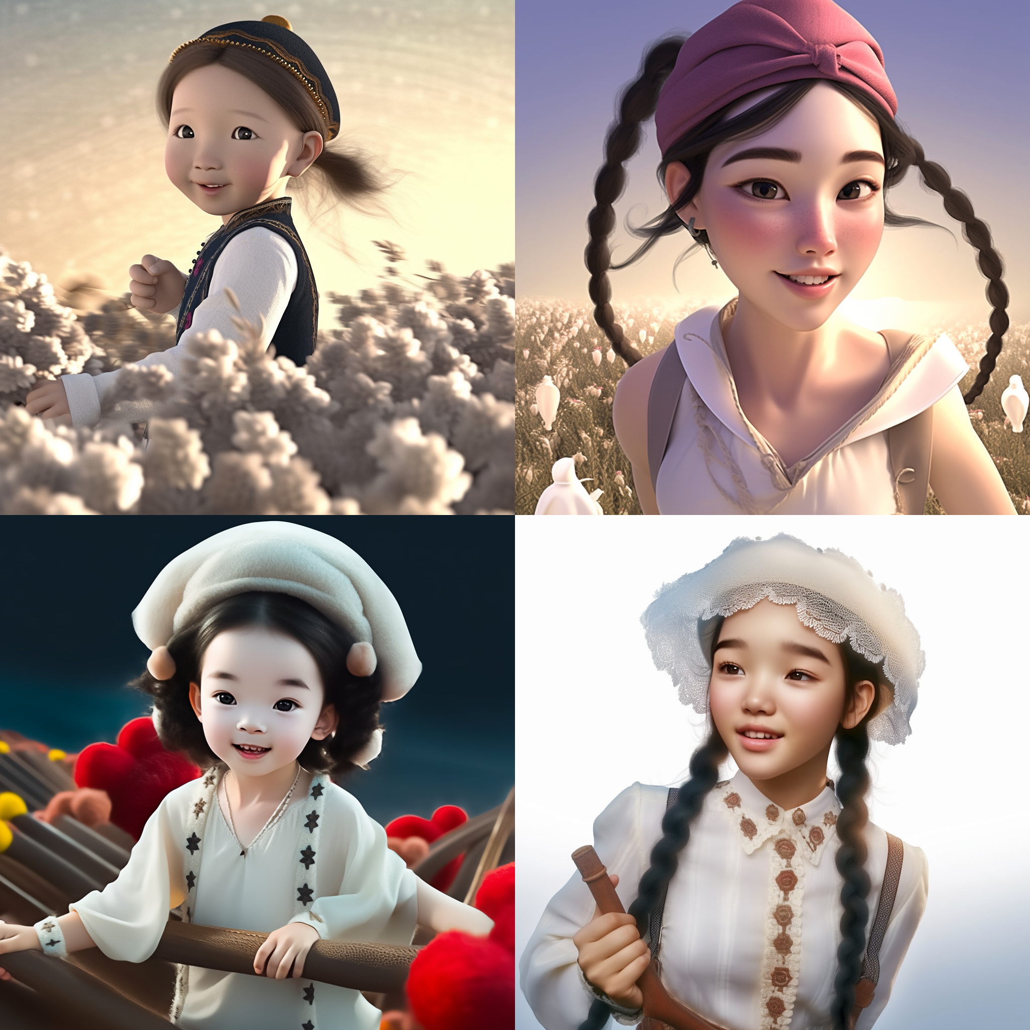 新疆民族女孩ip形象，扎着龙角辫子，戴一顶小棉帽，身穿亲手缝制的纯棉衣服中国传统味盘扣，袖子和衣领绣着花边，浓眉大眼，眼睫毛很长，天真无邪，身背斜挎包。很开心，跳舞姿态。背后是大片棉花。 