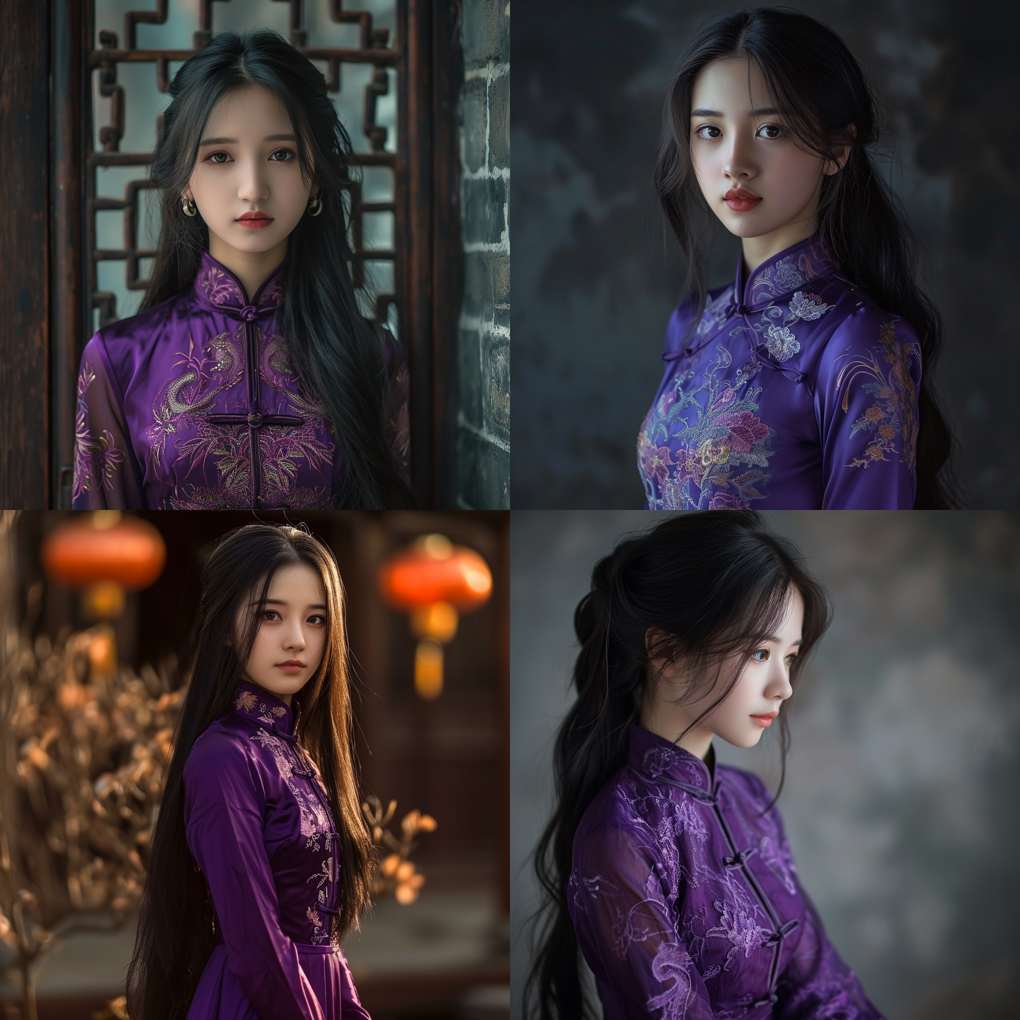 亚洲少女，紫色旗袍，黑色长发，高挑身材，全身特写，文静，17岁，柔和光线，自然风格，细节丰富，传统元素，静态姿势，优雅，神秘。