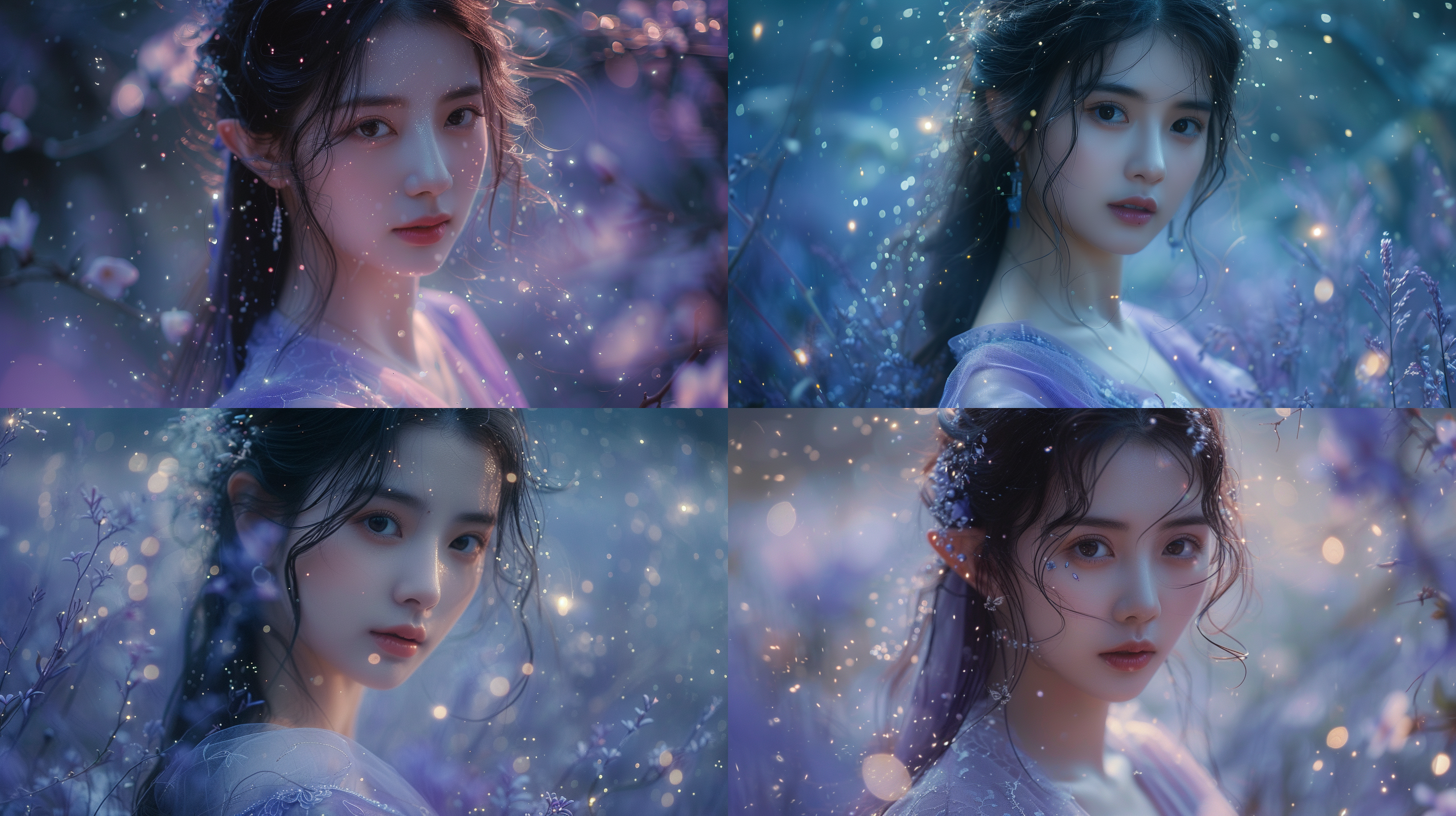 一片静谧的森林里，一个如精灵般的中国女子，气质出众，穿着紫色长裙，身边围绕着几只萤火虫，散发点点星光，画面干净，多细节，氛围感，半身特写镜头，自然光，4k,高清