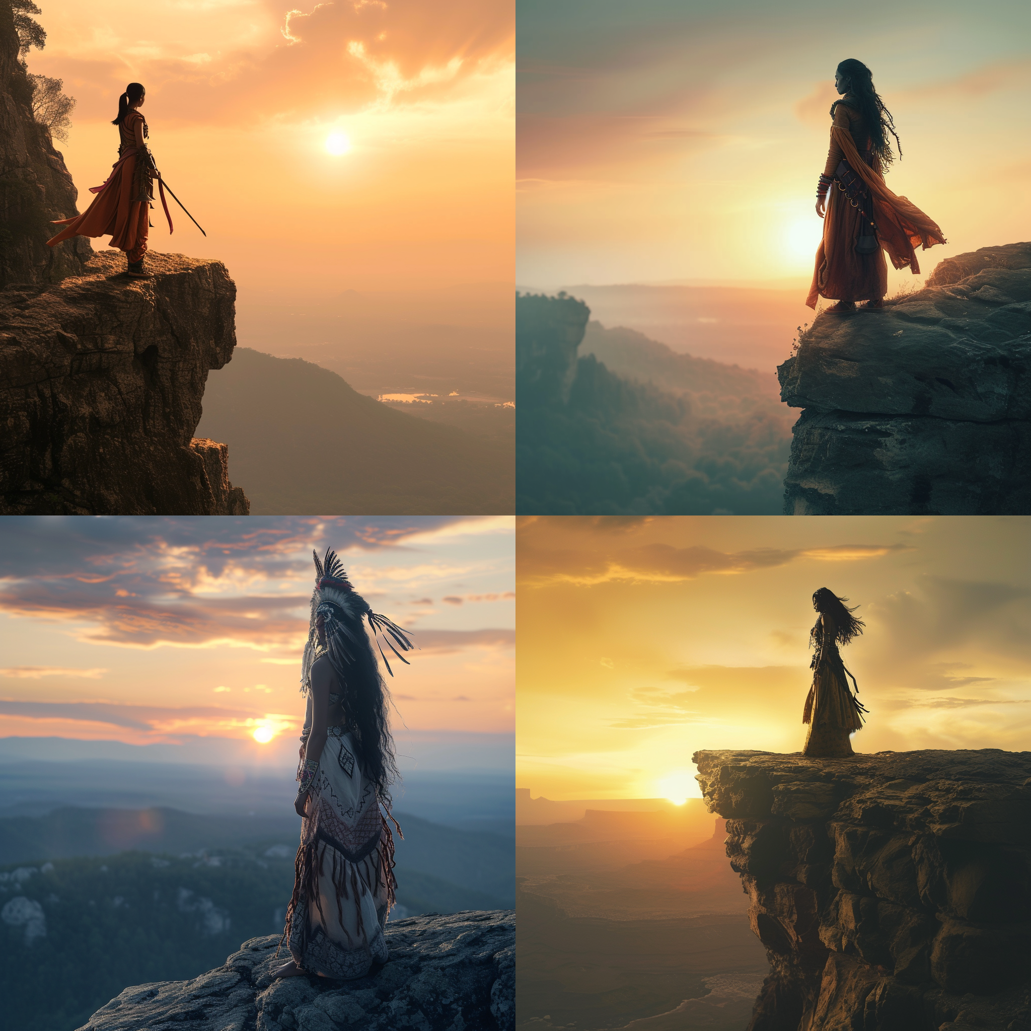 印度女战士，站在高山崖上，远眺壮丽的日出。构图对称，以女战士为主体，呈现强烈的力量感。使用长焦镜头，捕捉细节和表情。光线柔和，营造神秘氛围。肤色鲜明，色调饱满，展现坚毅与勇敢。