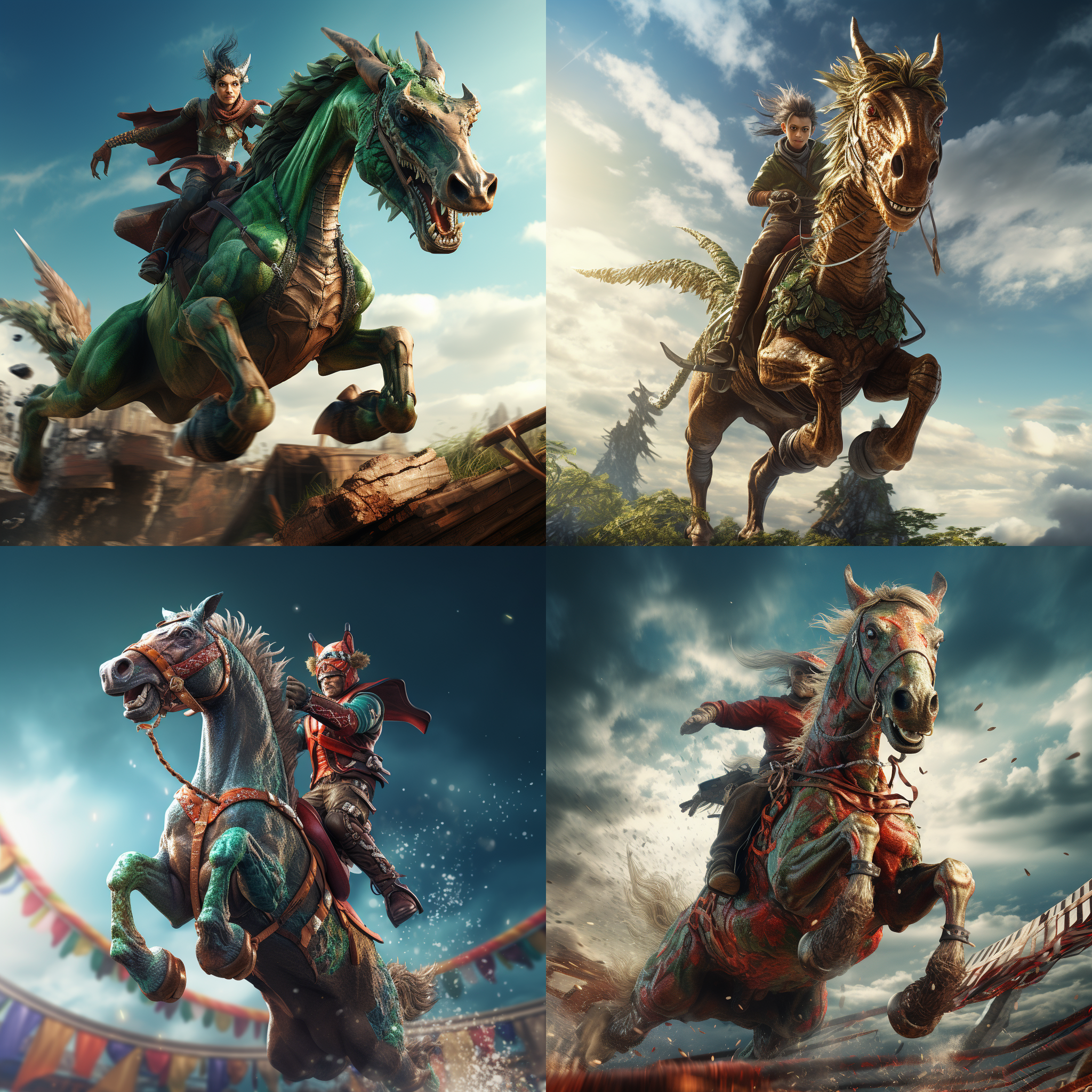 小龙骑马，马场景，跳跃障碍杆，中心构图，广角镜头，明亮光线，动作捕捉，细节丰富，自然色彩，欢快活泼。