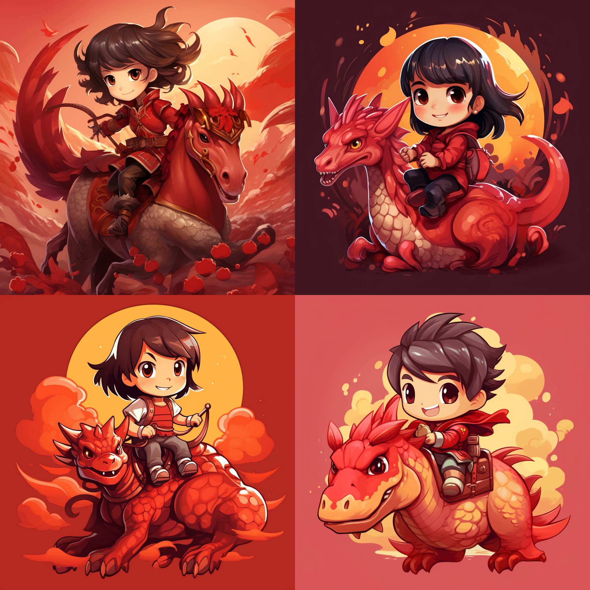 一只萌萌的小龙，骑在马背上，红色背景，动态优美，活泼可爱，动漫风格