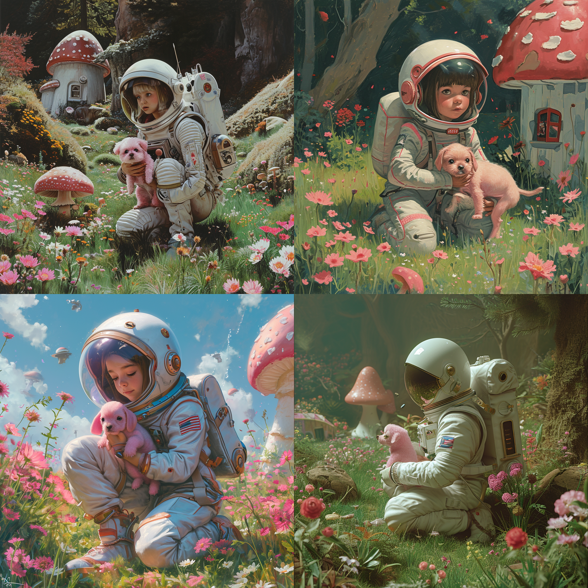 a teenager in a space suit, holding a pink puppy, crouches on the ground and looks ahead, taking full-body shots against a lawn with flowers and a small mushroom house nearby