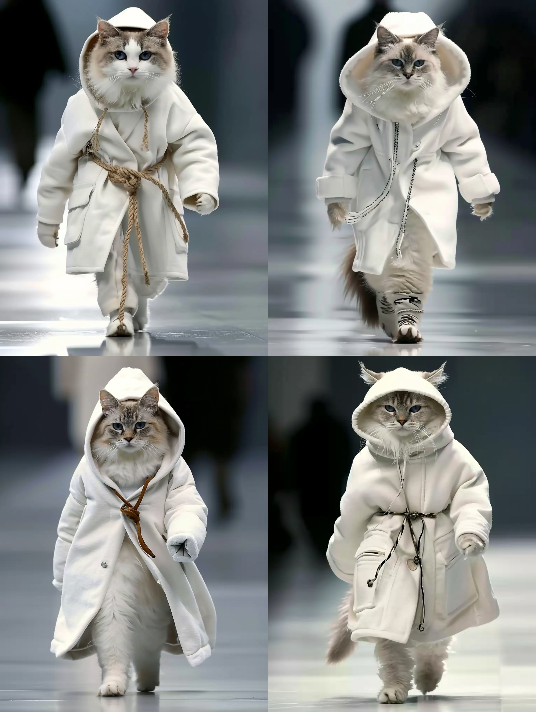 猫穿着时尚衣服在t台秀上，全身展示，正面视角，高个子，蓝色眼睛，非常漂亮，长毛猫，挺立行走，3:4比例，风格化1000。