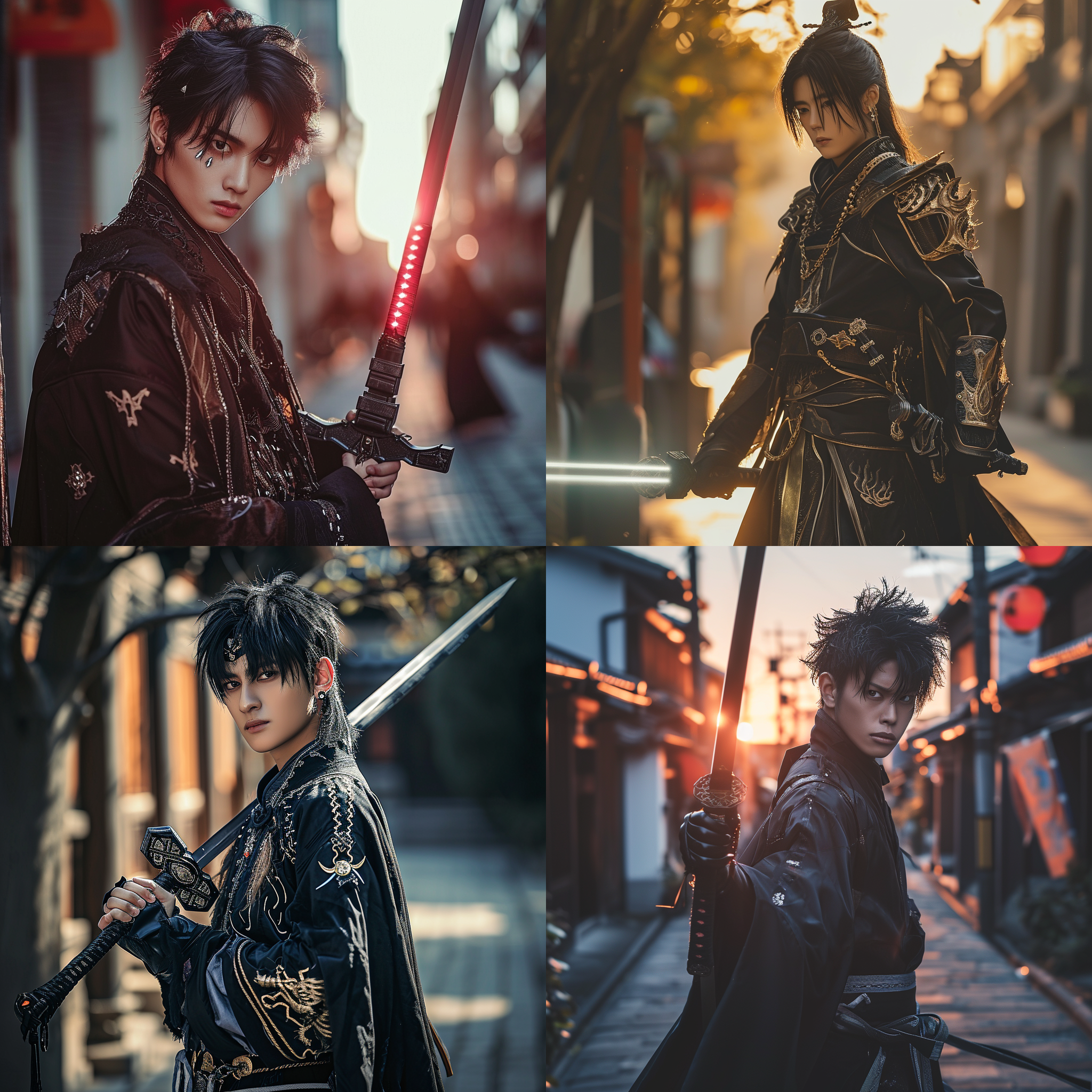 一个充满肃杀气息，帅气的外表，1米9的少年，黑色的头发，手持一柄发着激光的剑，站在大街上，午后的阳光，真实拍摄，细节细致