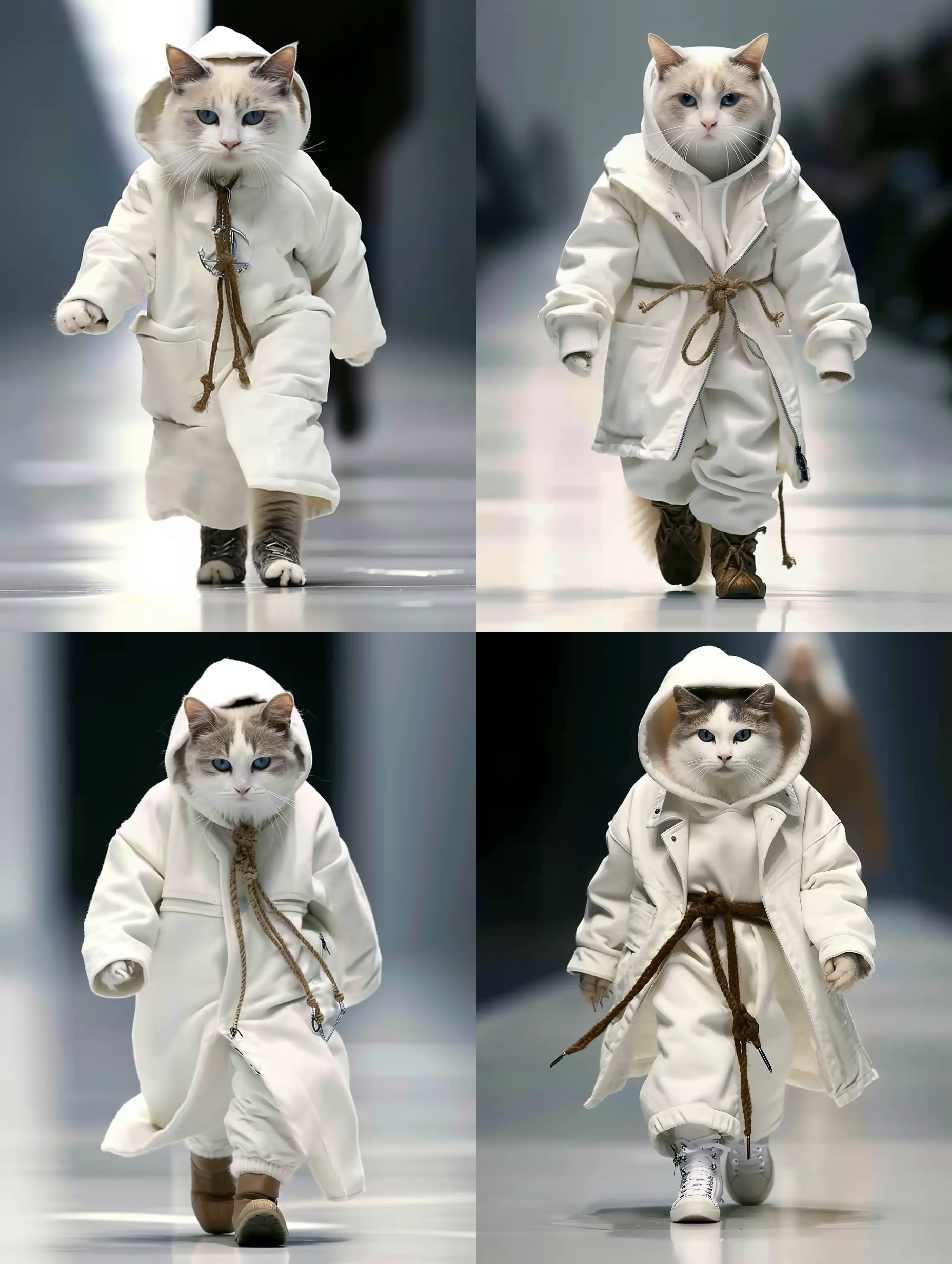 猫穿着时尚衣服在t台秀上，全身展示，正面视角，高个子，蓝色眼睛，非常漂亮，长毛猫，挺立行走，3:4比例，风格化1000。