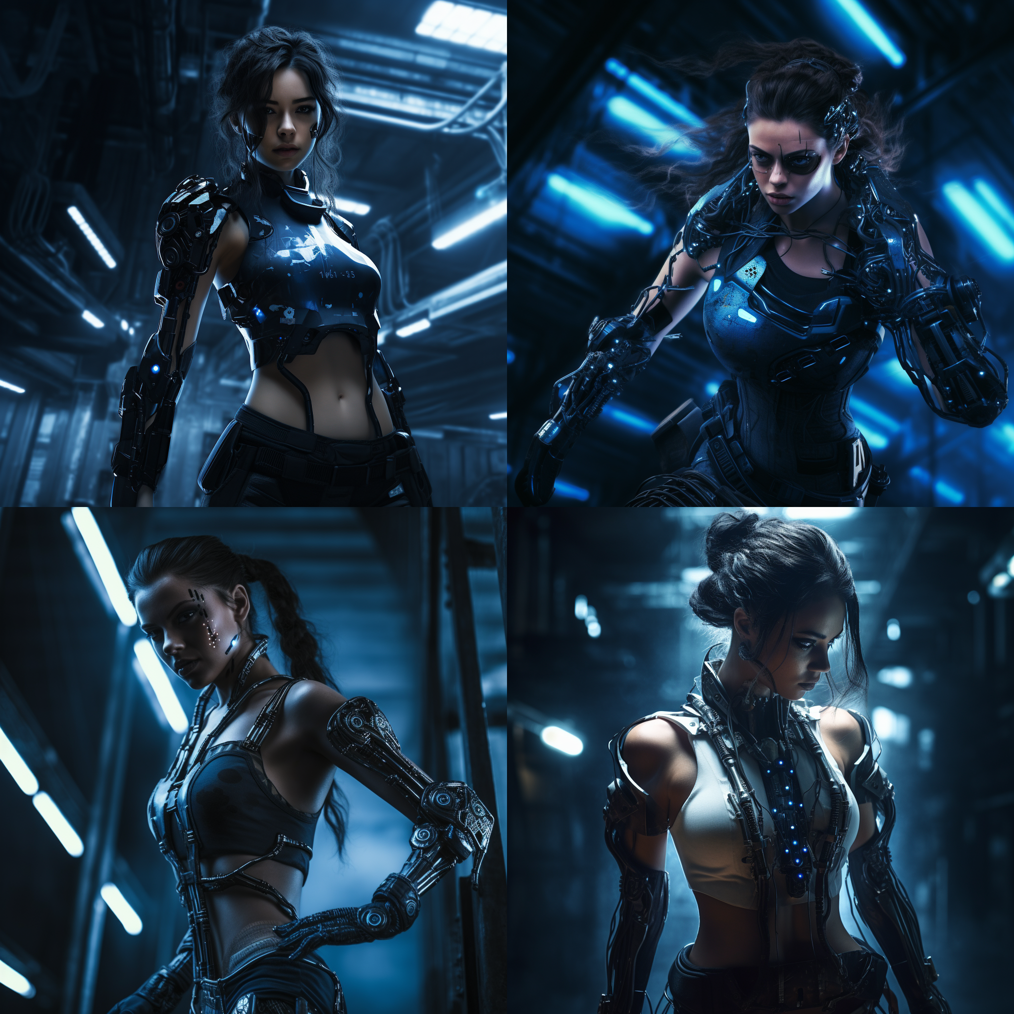 外骨骼，赛博朋克，黑暗背景，蓝色照明，机械元素，钢铁质感，透视构图，宽广镜头，动态姿势，超高对比度，力量，未来感。