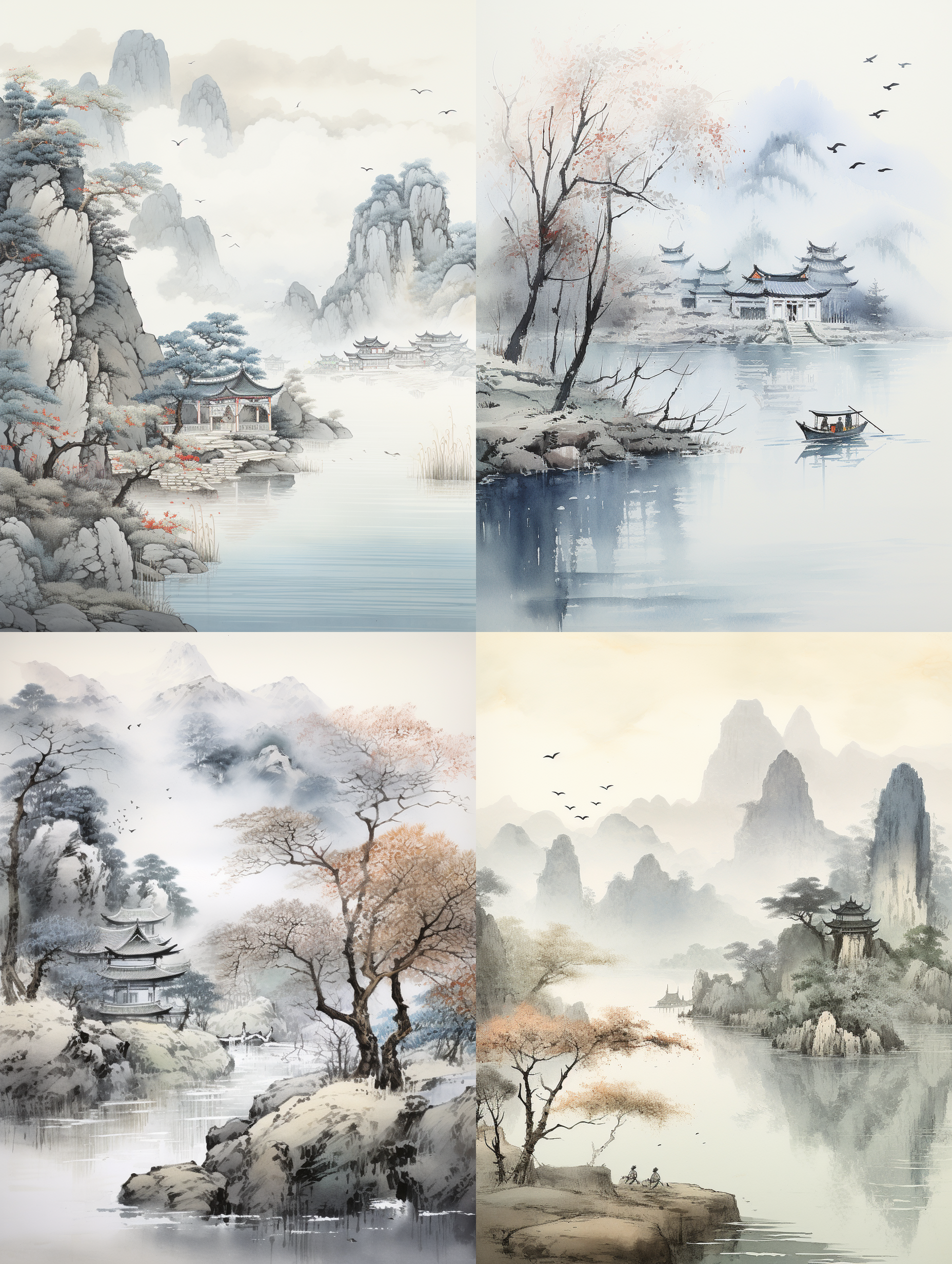 中国传统风景画，淡灰色纹理背景，带有古老纸张质感，展示宋代宣纸上的中国艺术，古村落，茅草屋，柳树，山水，传统中国水墨画，墨迹插图。ar3：4，v5.1