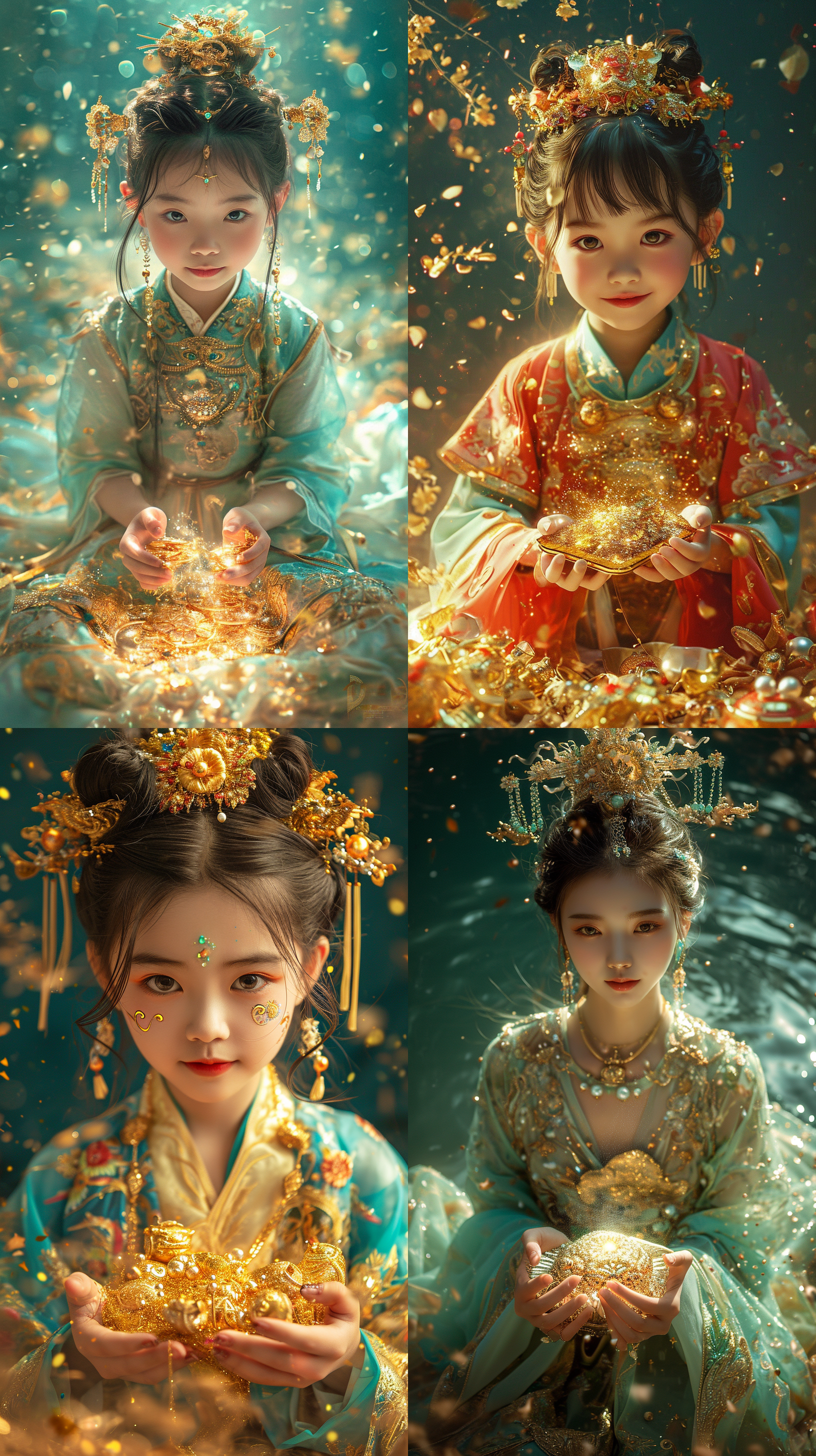 中国人 财神 花朵 可爱女孩 坐在金元宝上 金线夹丝 珠光宝气 梦幻般的质量 以浅绿松石和金色的风格 双手捧着闪闪发光的金元宝 开心微笑 全身 幻想艺术 长镜头 肖像 对称 柔和照明 超现实 电影质感