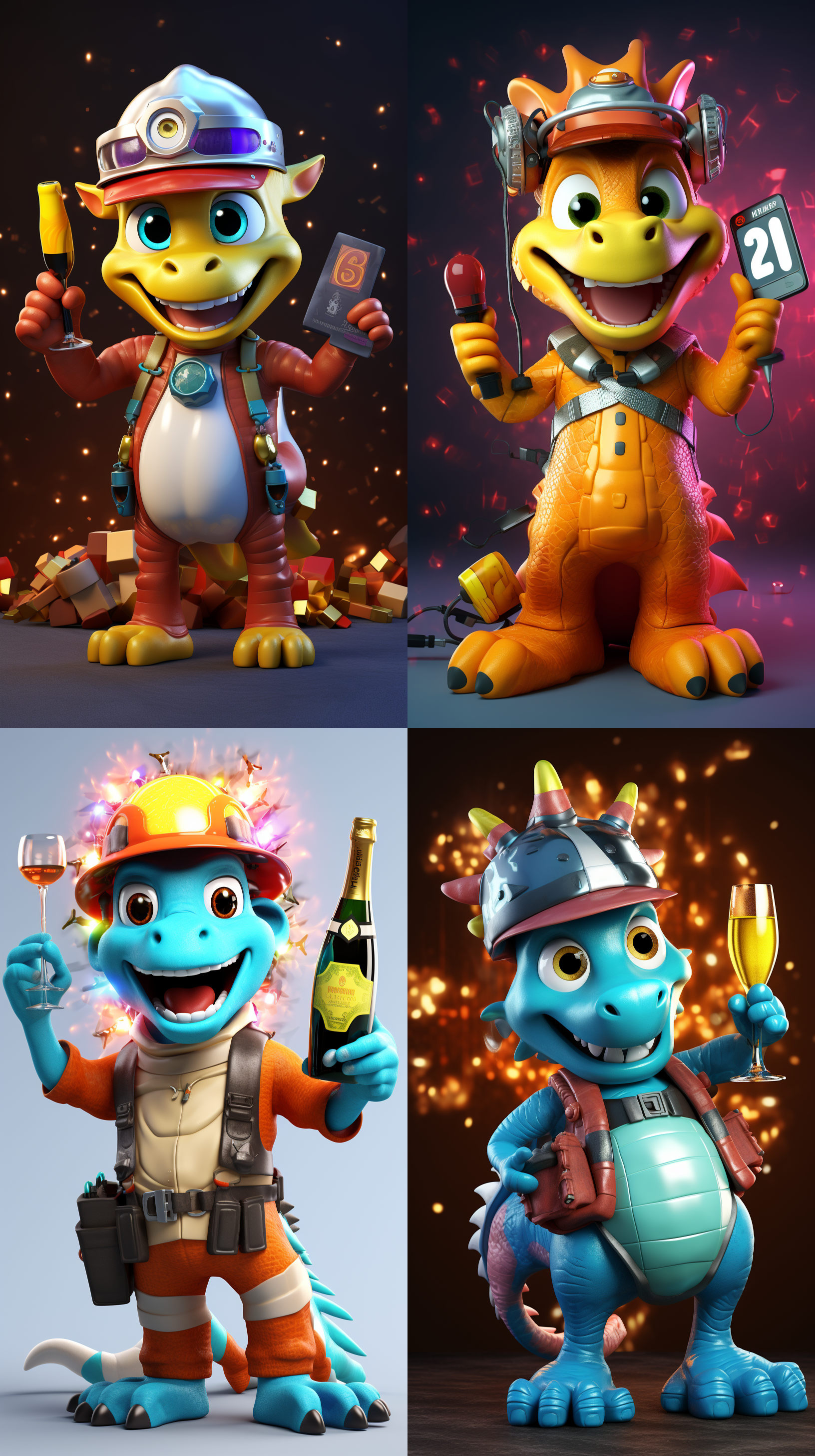 成人卡通，戴安全帽，2024龙年氛围，除夕喜庆色调，手持电钻，竖起大拇指，全身照，c4d风格，3d渲染，表情愉悦，动态姿态。