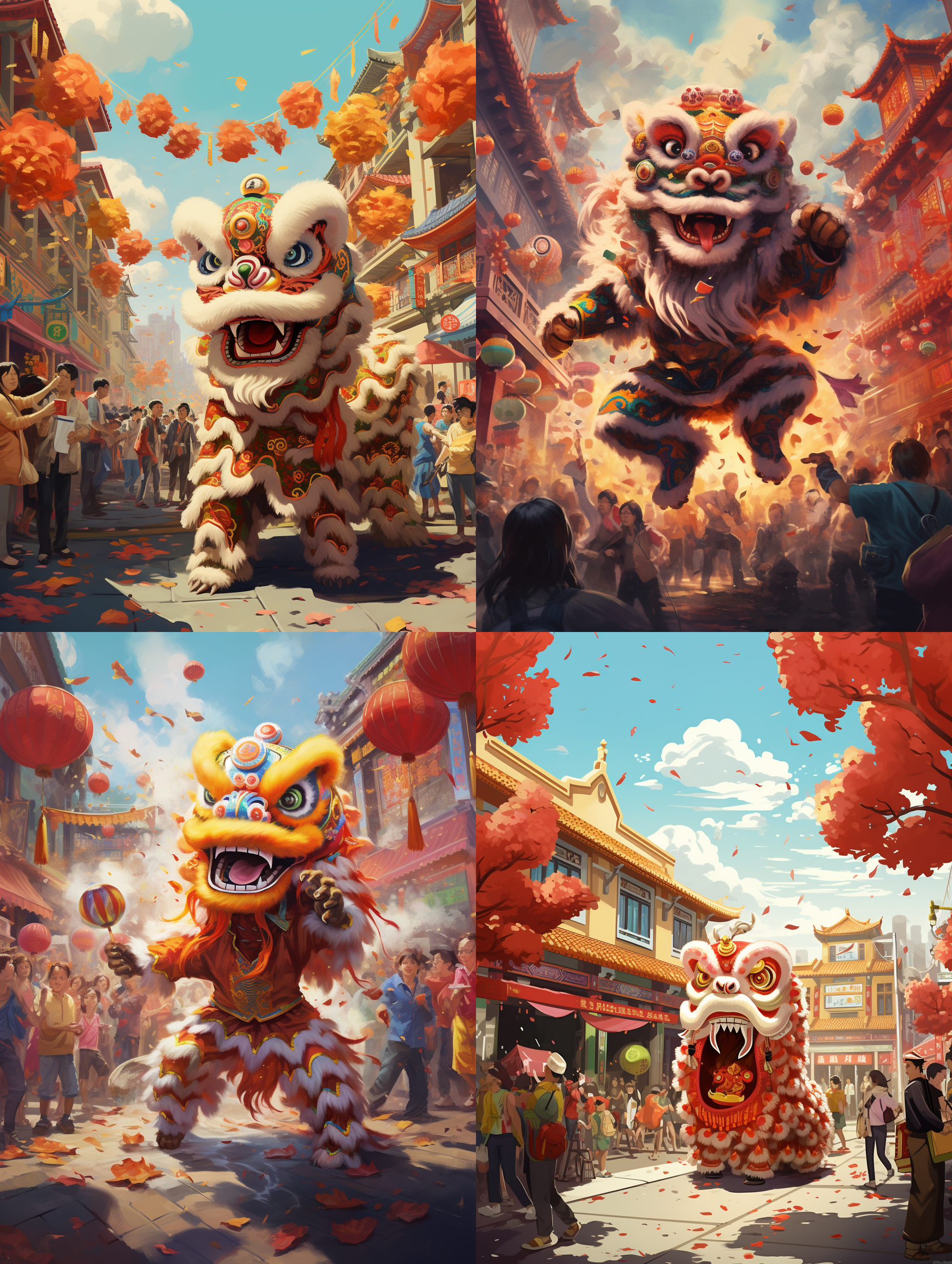 中国风舞狮，广场上，围观群众多，多色，背景纯色，动态优美，活泼可爱，真实风格