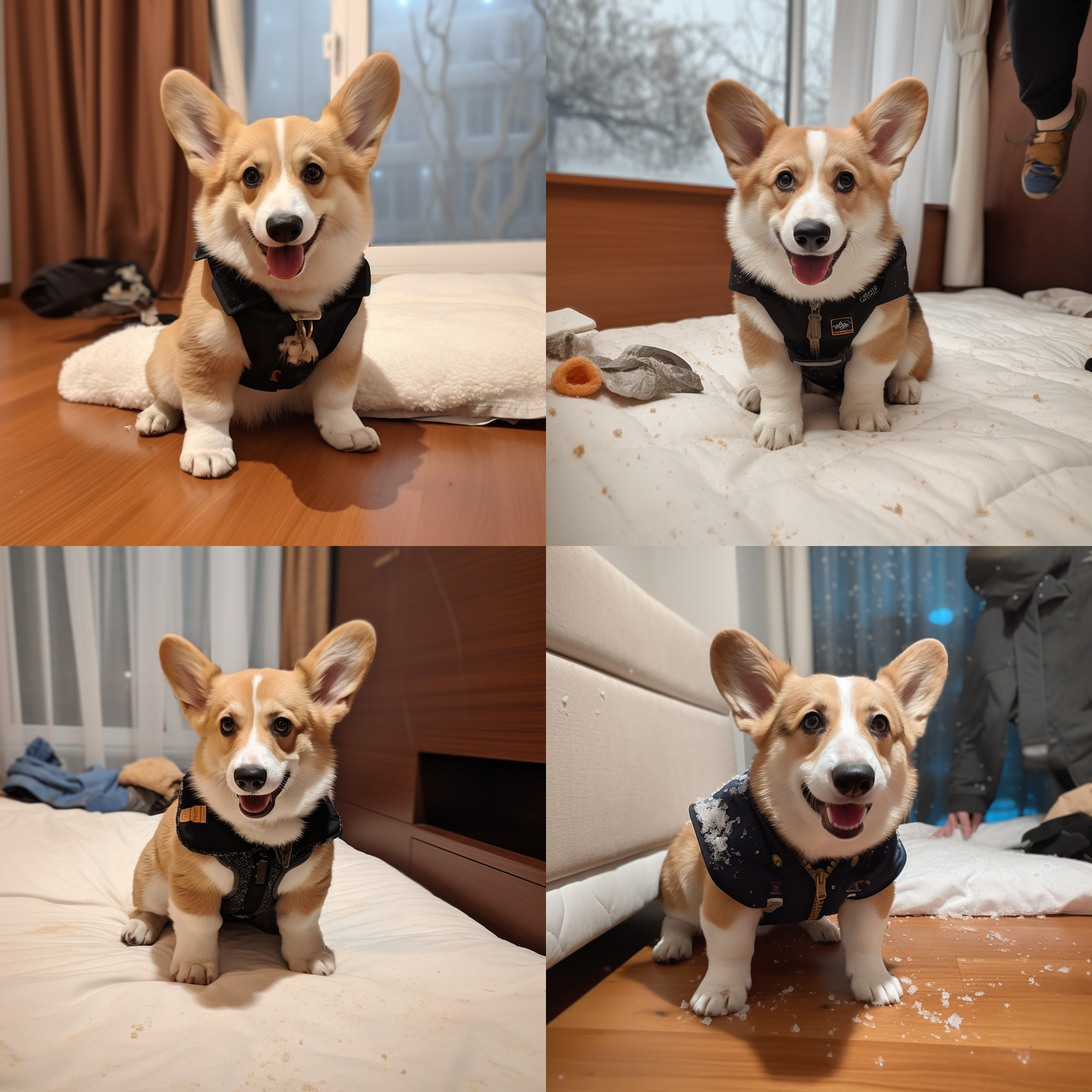 小柯基在雪地里笑着奔跑，广角镜头捕捉到明亮色调的背景。它的活泼动作和快门速度快的瞬间冻结让人感到兴奋和愉悦。