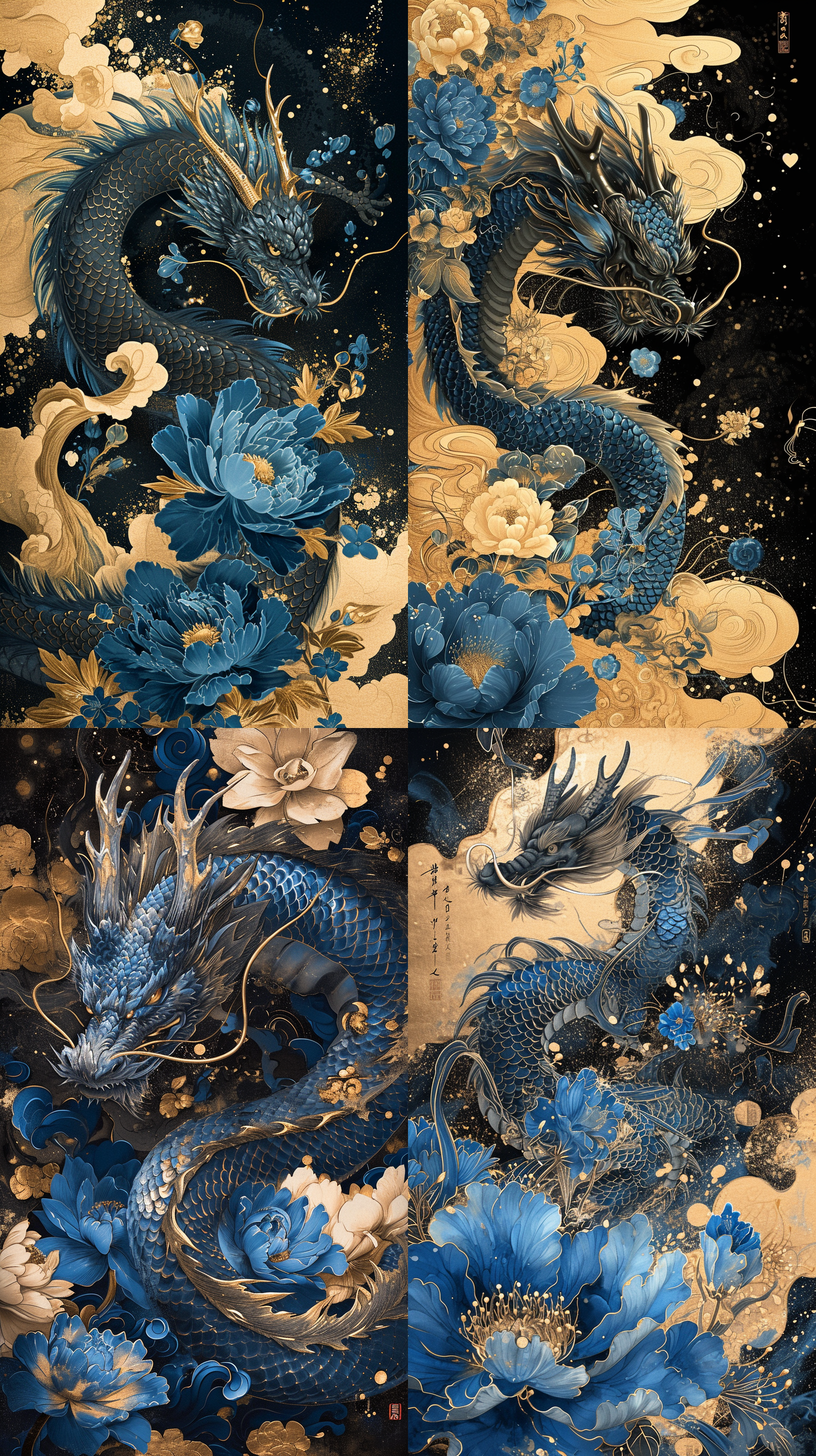 一条黑龙 蓝色花朵和金色植物包围抽象艺术 蓝色和金色的鹤 浅金和深黑的风格 洛克艺术与设计 中国朋克 精致的现实主义 深金和深海蓝宝石 32k 超高清 手绘细节 -quality 5 -ar 3:4 -v 6