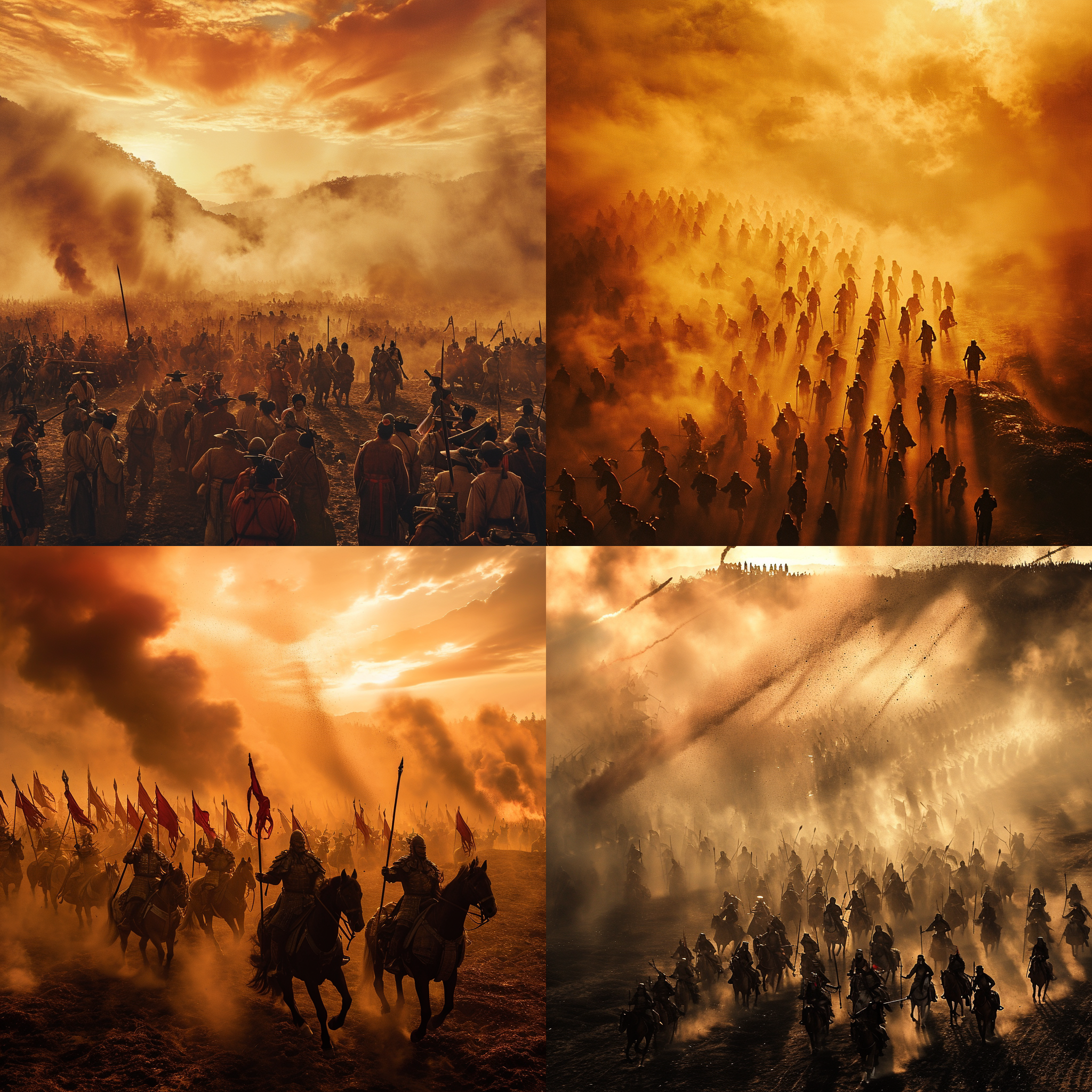 黄帝与蚩尤激战，双方身姿英勇，背景是烈日当空的战场。构图对称，画面饱满，充满力量感。使用长焦镜头，突出主题，色调偏暖，增加紧张氛围。动作迅猛，光线透过云层落在战士们身上，形成神秘而壮观的光影效果。