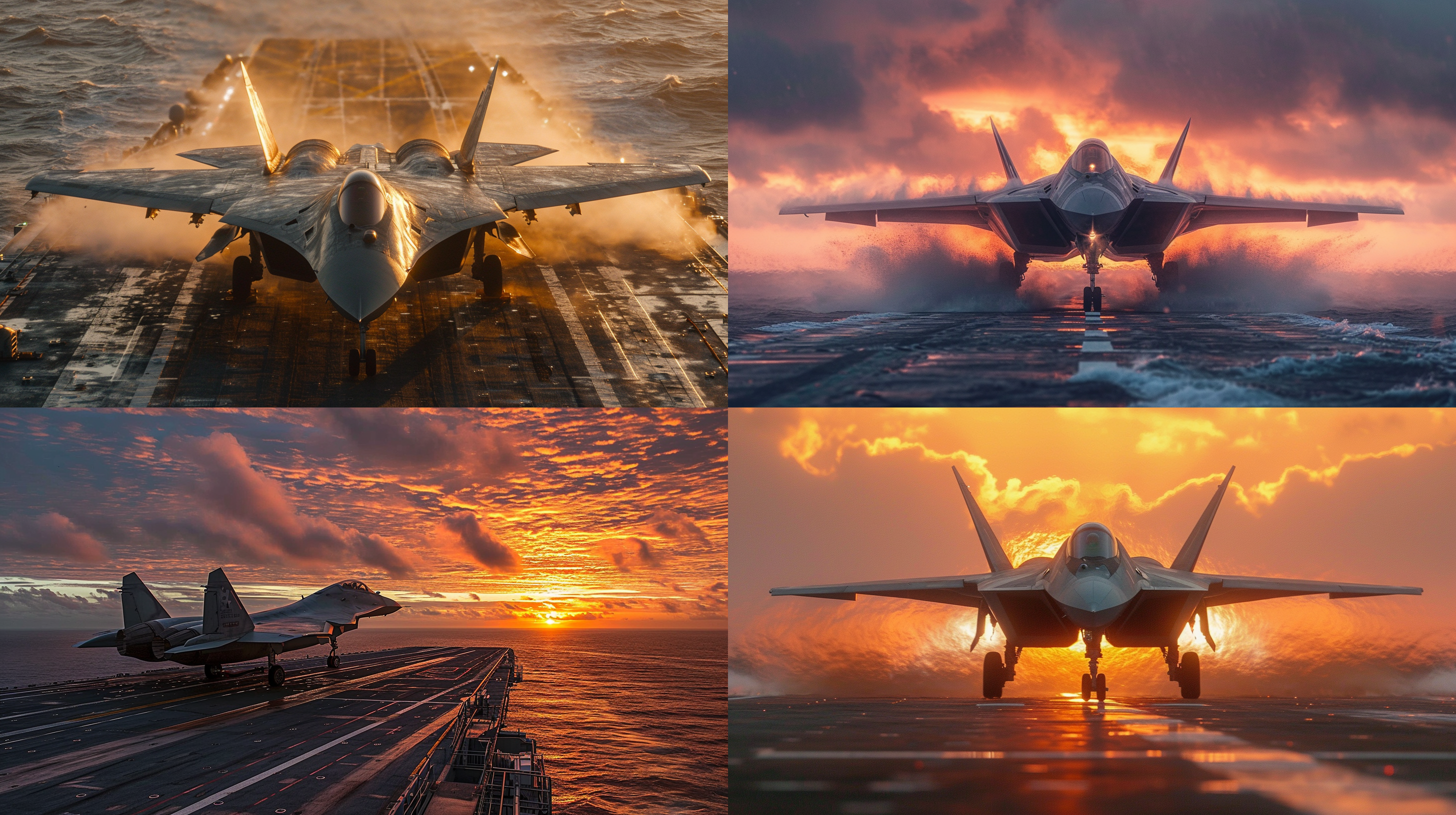 歼20从航空母舰夹板起飞，放飞官指挥，朝阳大海背景，视角构图，真实感，浅景深，暖色调，高饱和度，8k