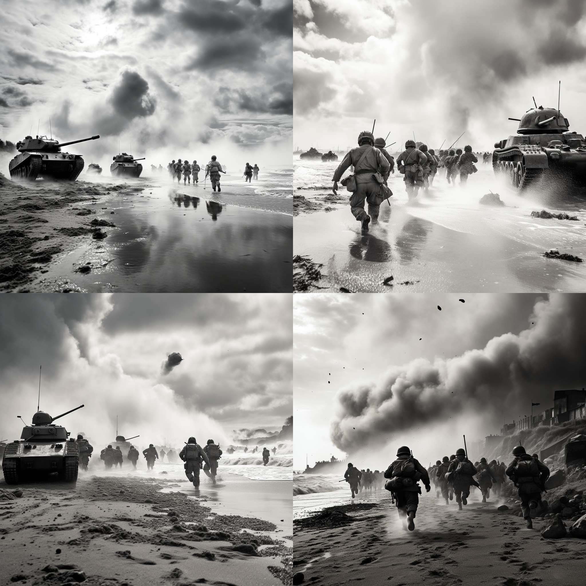 诺曼底登陆，壮观景象，冲浪战车在海滩奔袭，烟雾弥漫，黑白风格，广角镜头，快速快门，动态，英勇，激情，历史重现。