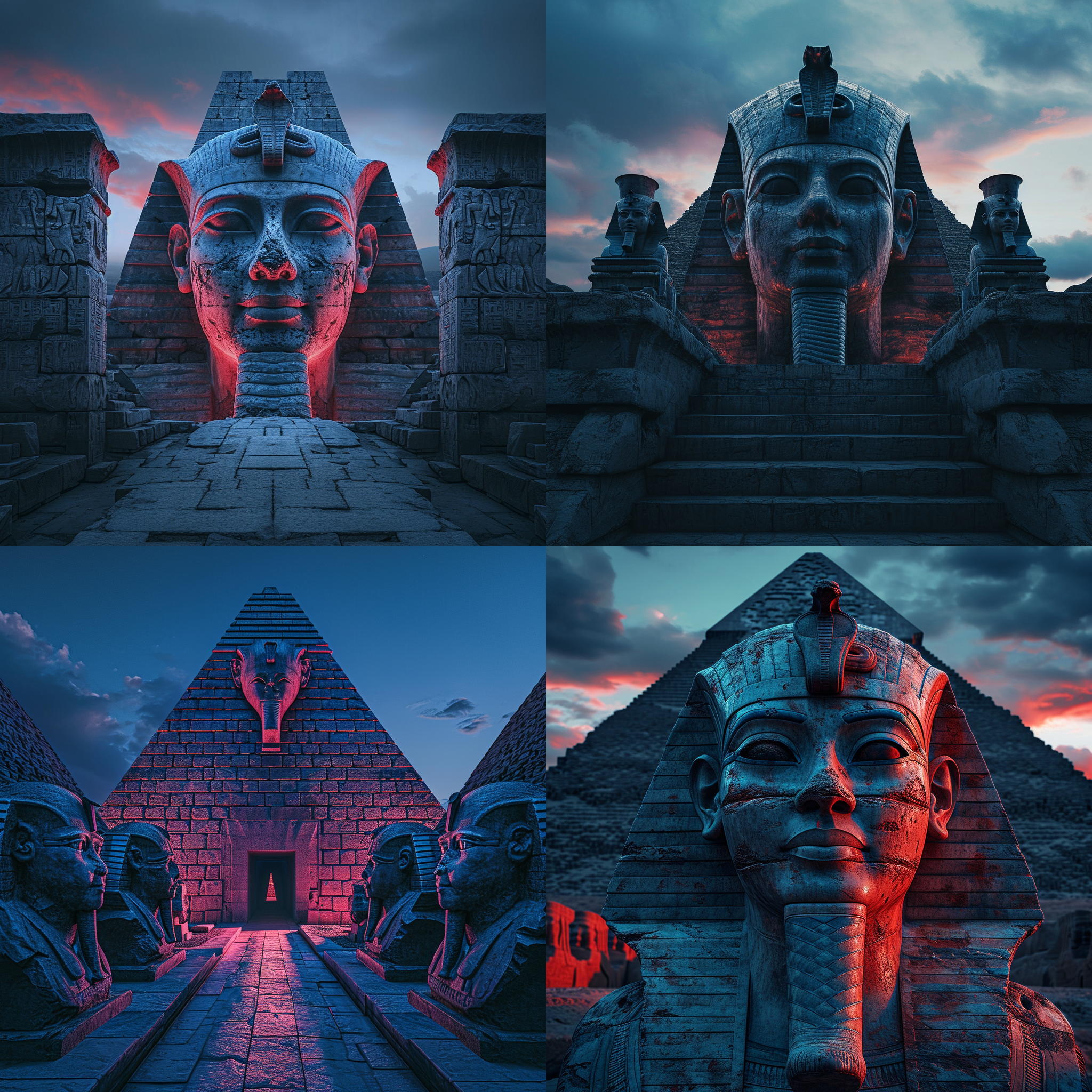 埃及法老，金字塔背景，黄昏时分，古老遗迹，雕像，神秘感，面具，沙漠风景，广角镜头，对称构图，红蓝色调，庄严肃穆，威严。
