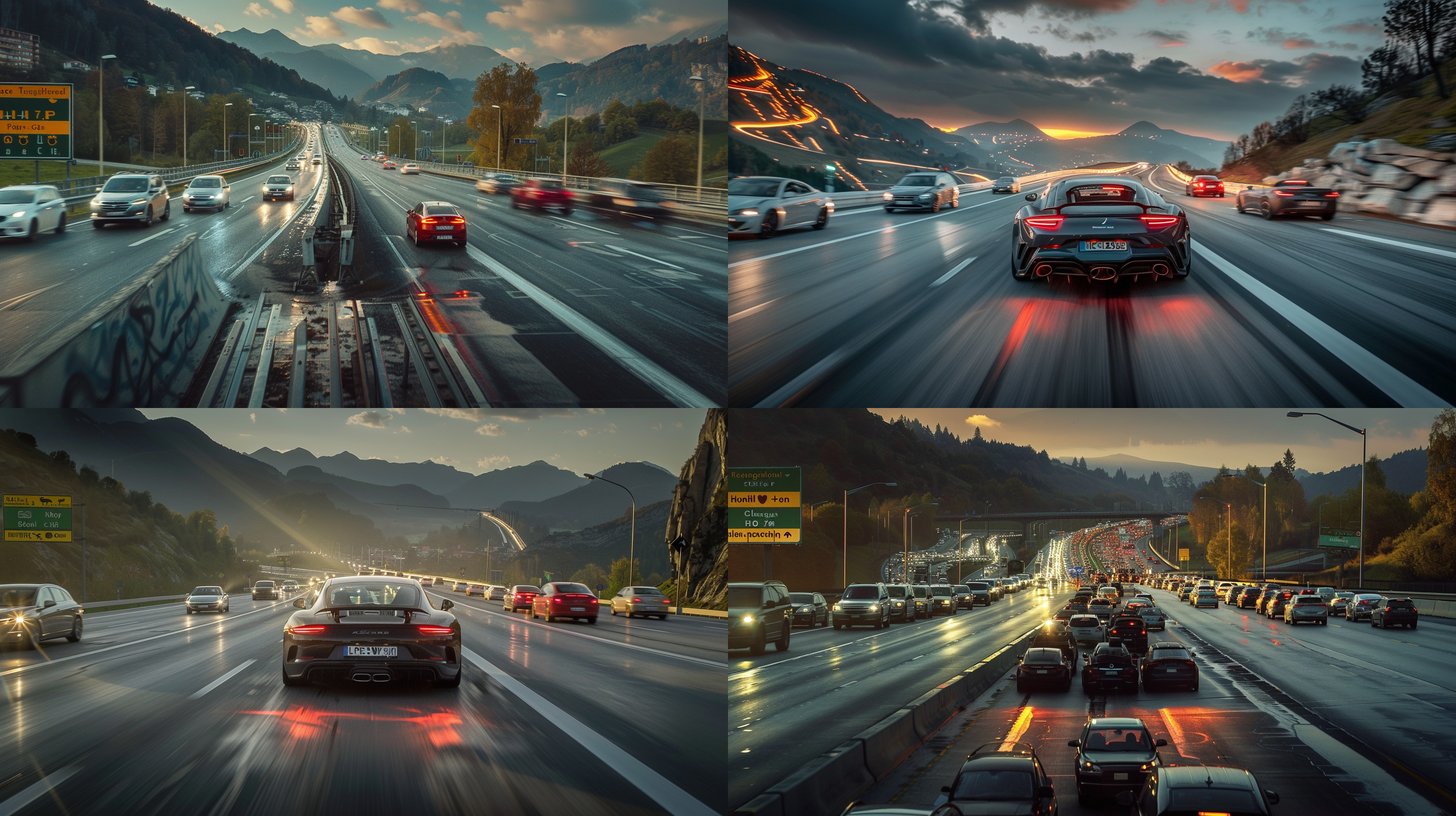 bird view,on the highway, morining,the traffic flows like a web, and the distant mountains are visible, cars speeding past. telephoto lens, backlight shooting, shutter priority, warm tones, excitement.