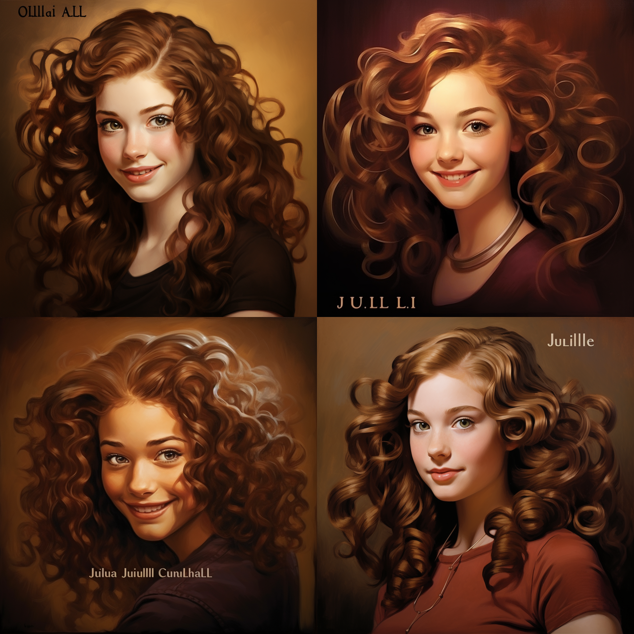 portraits,smiling cute 20-year-old girl,bronze background,flowing, thick curls，collarbone，julie bell