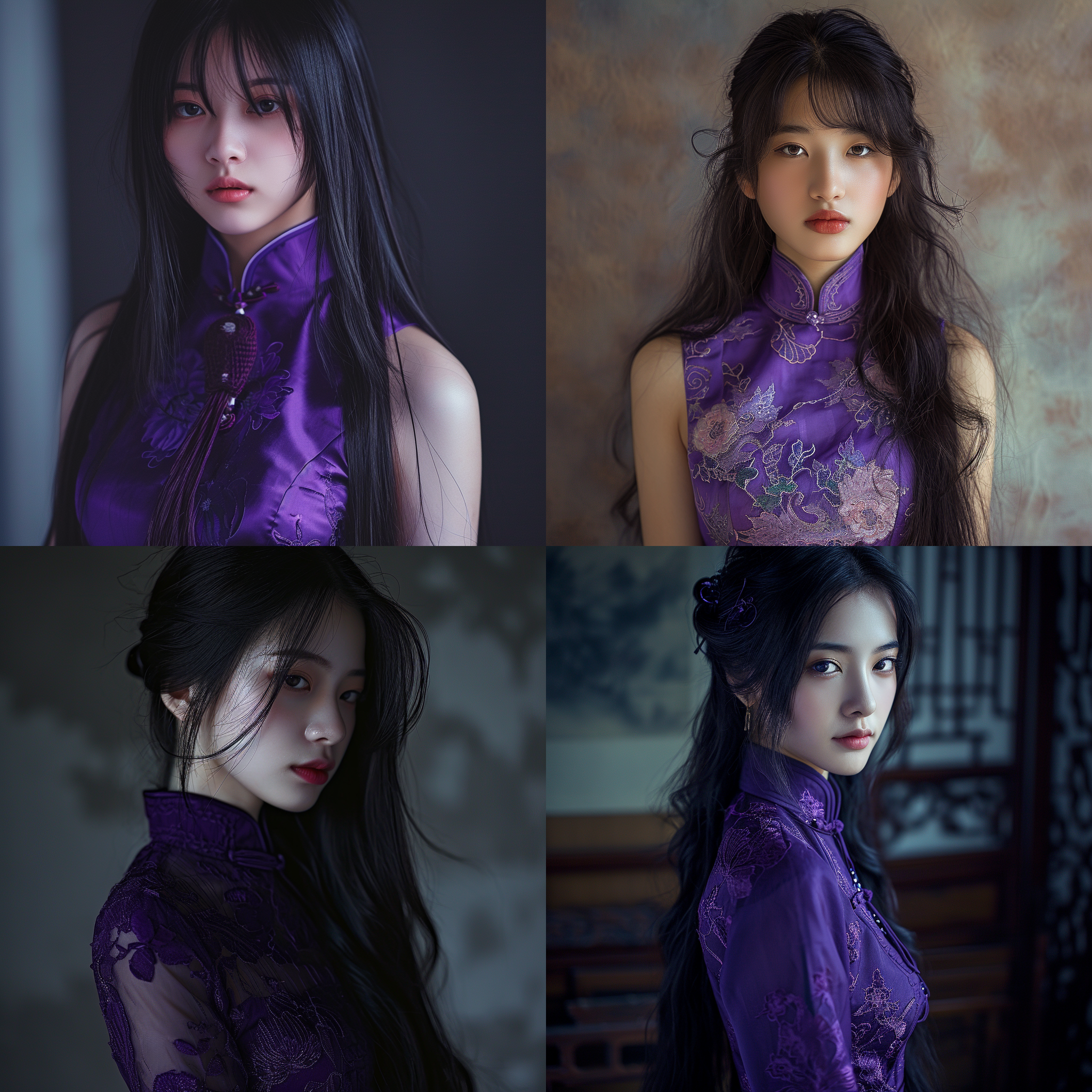 亚洲少女，紫色旗袍，黑色长发，高挑身材，全身特写，文静，17岁，柔和光线，自然风格，细节丰富，传统元素，静态姿势，优雅，神秘。