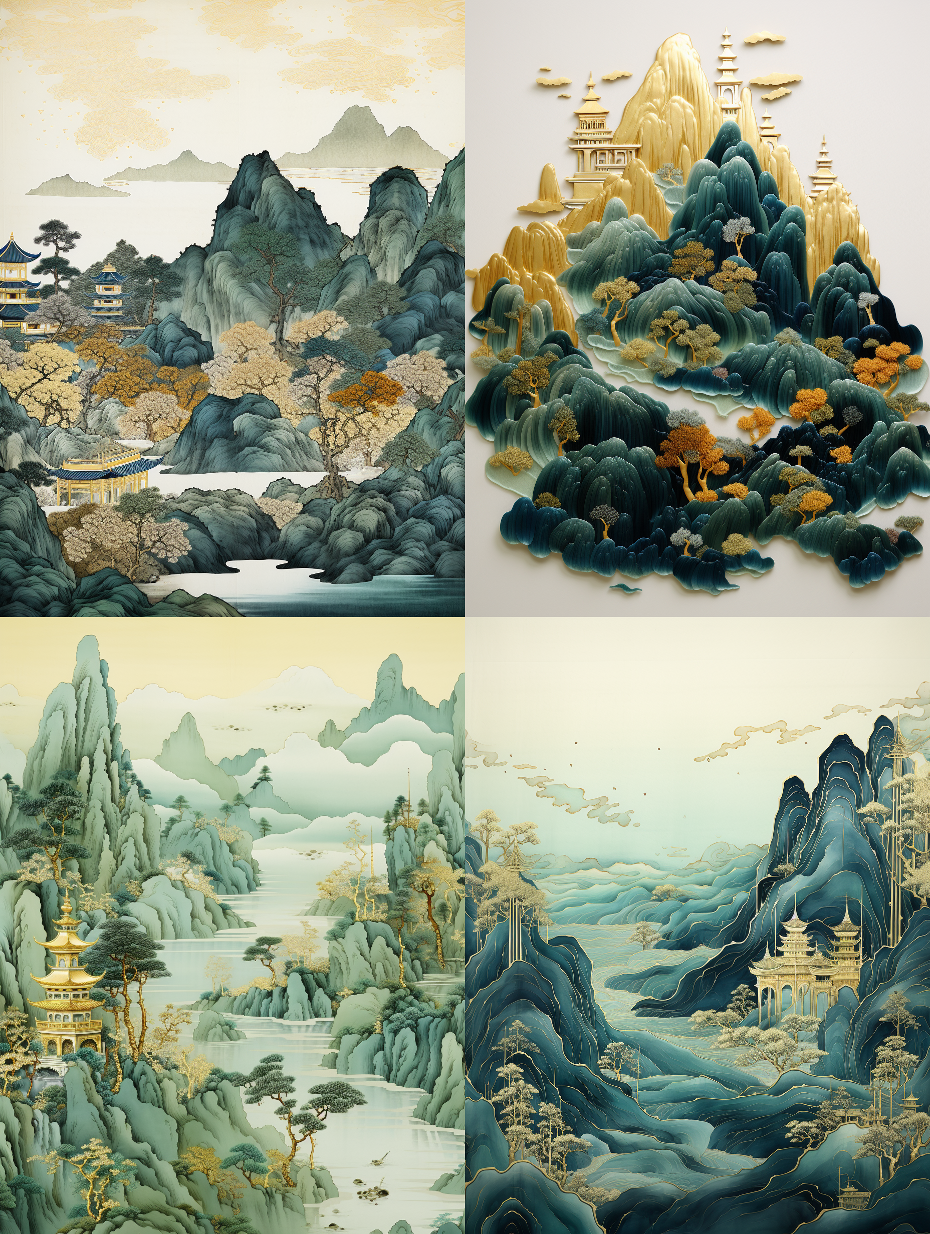 chinese embroidery craft of a golden-blue-green mountain with pavilions and trees, gilding, flowing liquid gold, minimalist color field, freehand brushwork, blank-leaving, organic form, simple background