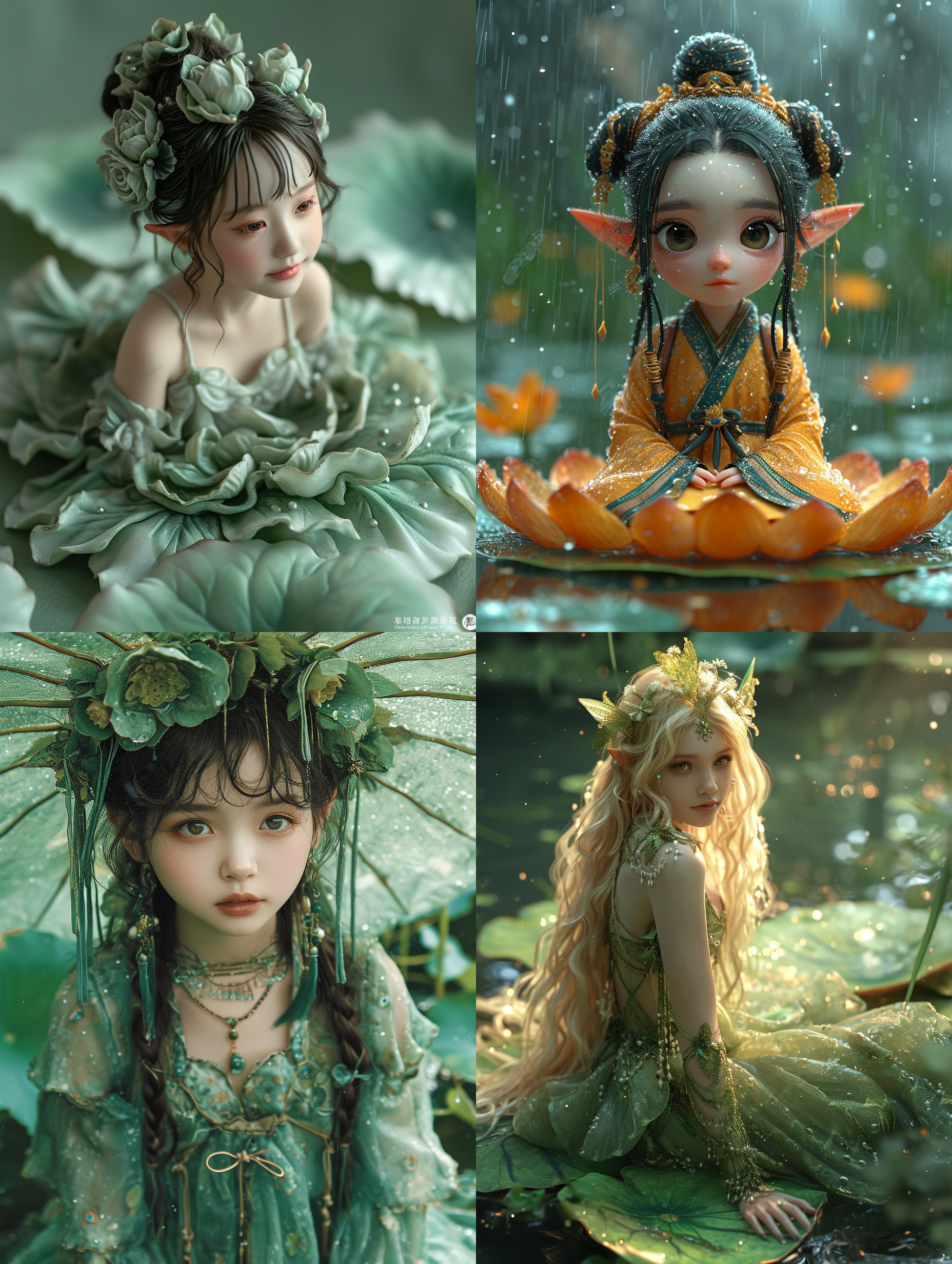 荷叶上的青娃，优雅地坐在荷叶上，微风拂过。构图对称，细腻的纹理与绿色草地形成鲜明对比。环境清新，光线柔和，呈现出温暖的氛围。青娃笑容可掬，身姿优美，宛如精灵般。色彩明亮，带有浓厚的自然气息，令人感到宁静和愉悦。