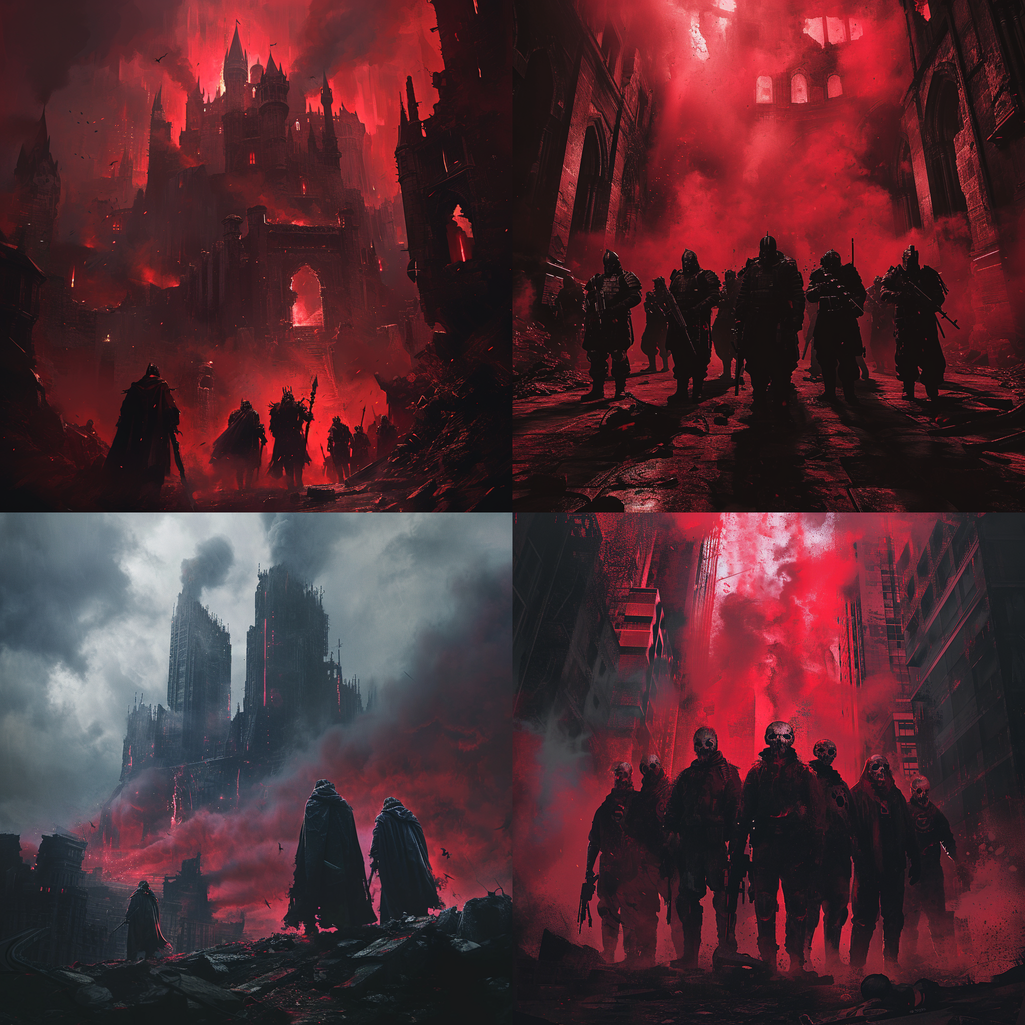 冥族十三将，压倒性的黑暗氛围，废弃的城市废墟，广角镜头，高对比度，红色烟雾弥漫，恐怖的面具，武器闪耀，威严的姿态，恶魔般的表情，破碎的建筑，紧张与力量。