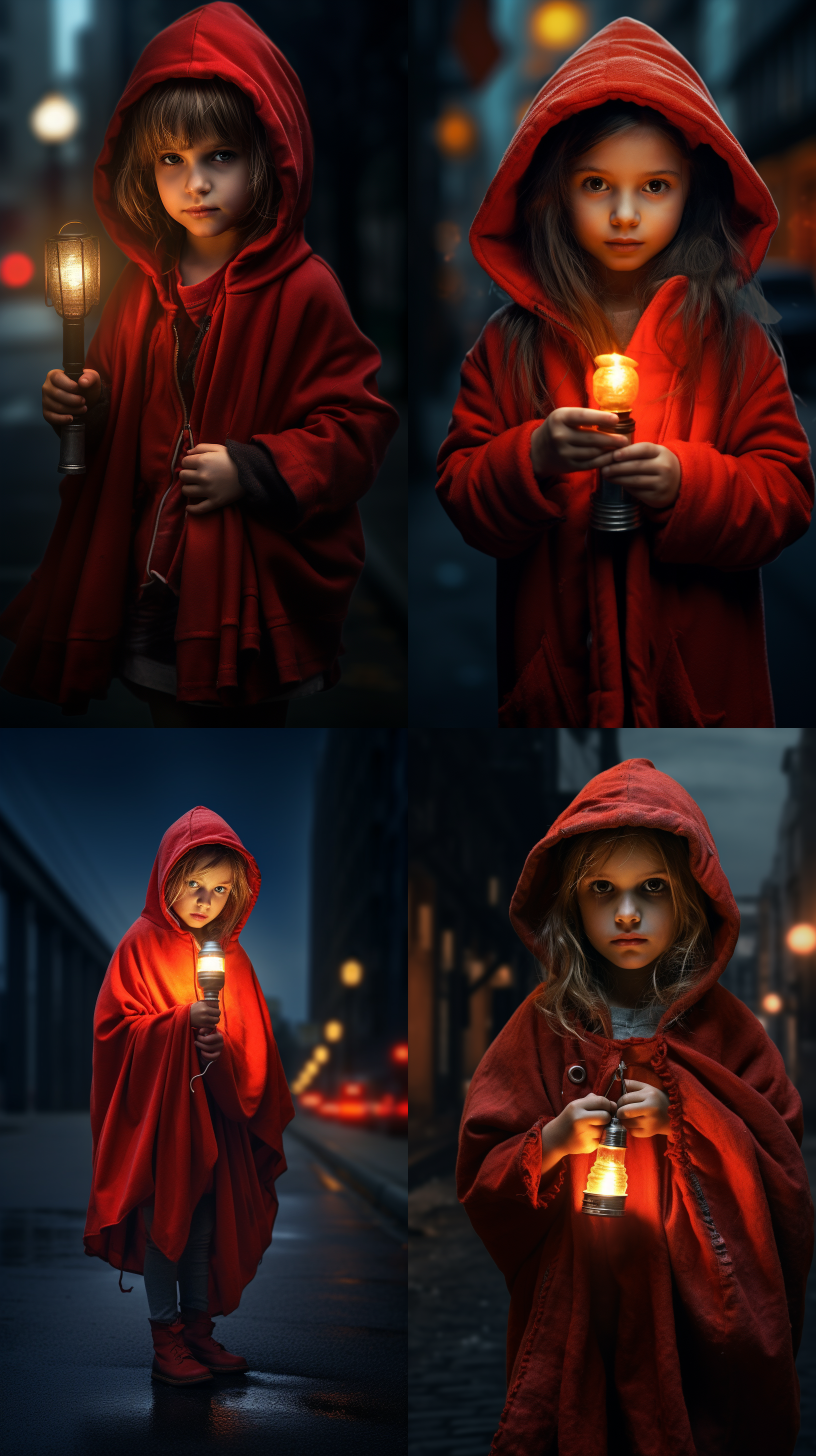 卖火柴的小女孩，穿着红色带斗篷的衣服，裤子有破洞，夜晚在路边的路灯下，高清，8k