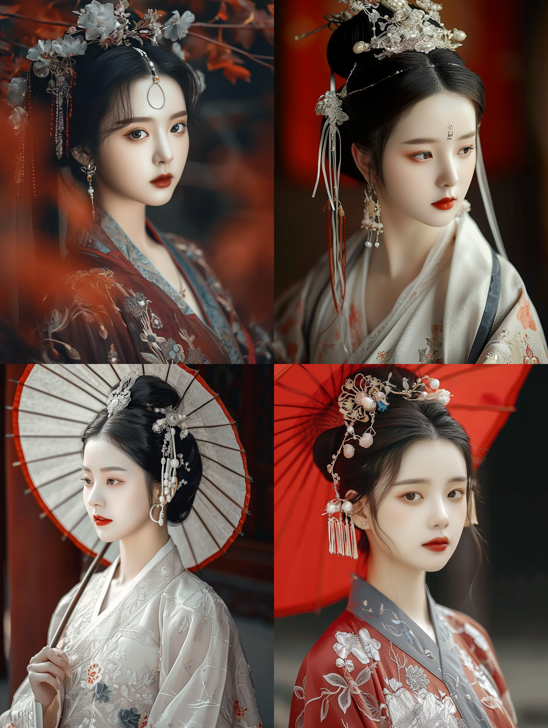 古装美女，精致的面容，华丽的服饰，端庄的姿态，唯美的风景，柔和的光线，传统的色调，长焦镜头，静态，优雅。