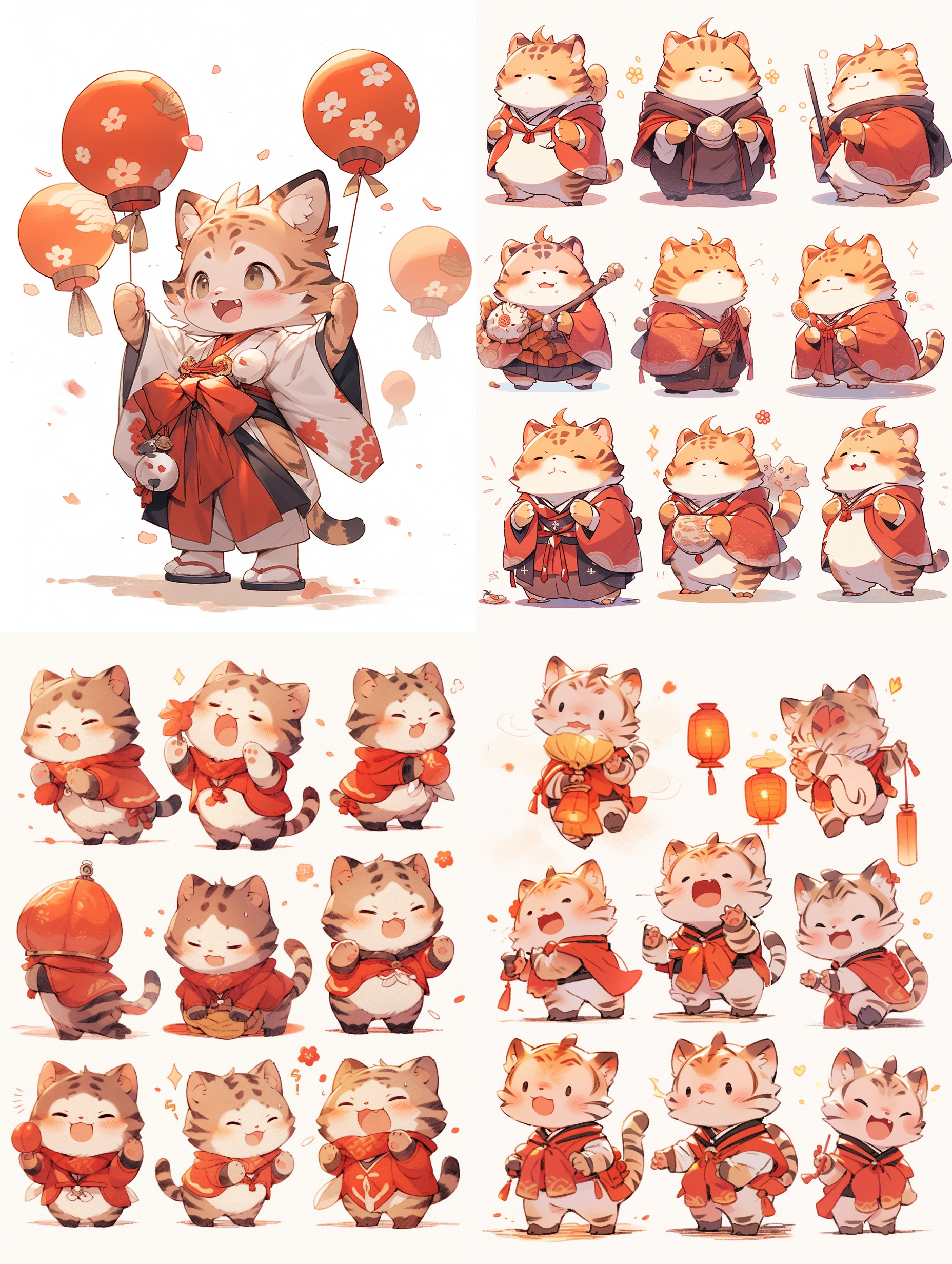 简笔画，贴纸，6张，孟加拉豹猫，中国春节装扮，full body，卡通风格，穿着红色的中式服装，灯笼，红色铃铛，喜庆，白色背景，8k