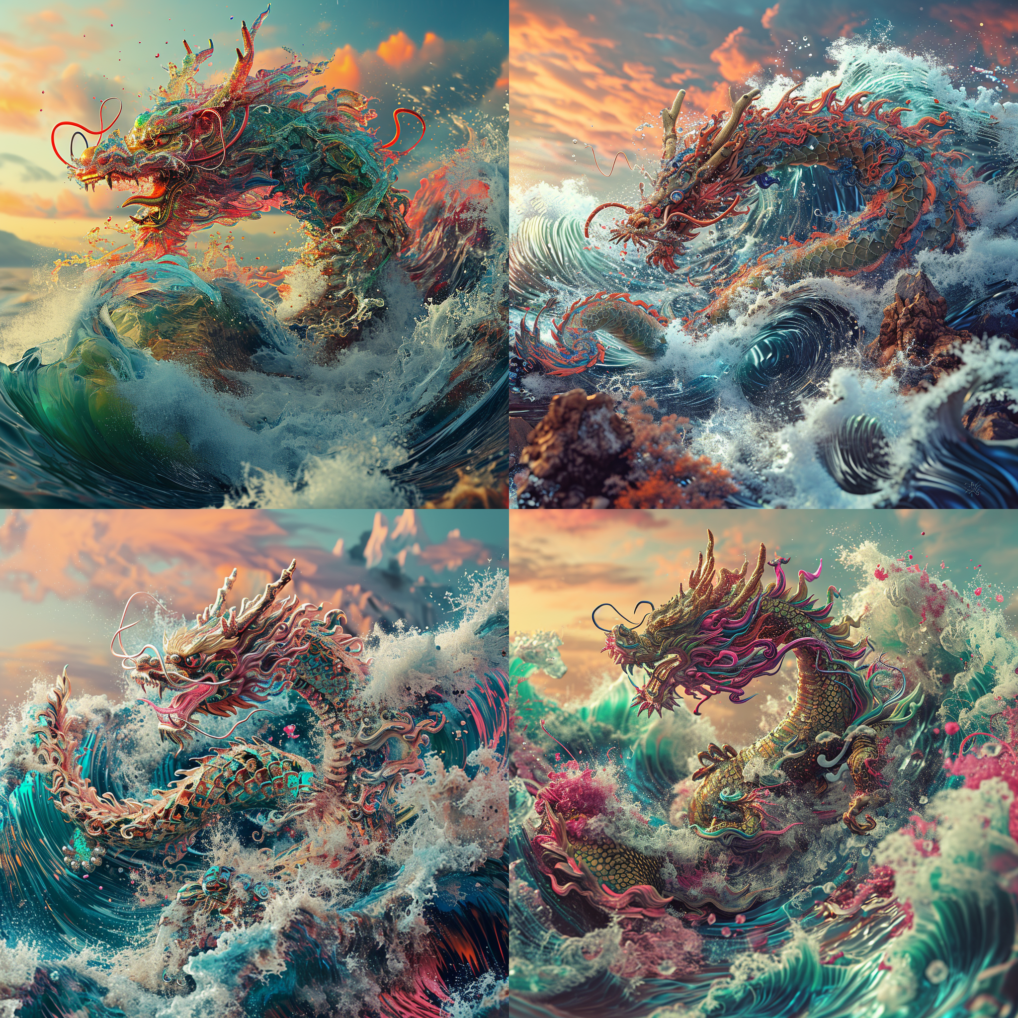 中国龙在波浪中，角度锐利，龙与波浪融为一体，迷幻风景和逼真风格，迷幻图像，翻滚的波浪，五彩缤纷的湍流，迷人的场景，高度想象力的场景，完美的细节，风格是卡拉斯艾斯，色彩未来主义，ud图像，图案爆炸，溅射效果，弗朗切斯科·斯塔罗维茨基，流体感，全景视图，明暗对比和运动线条，纹理皮肤，高清细节，超高清，16k分辨率，超高质量，oc渲染，3d渲染。