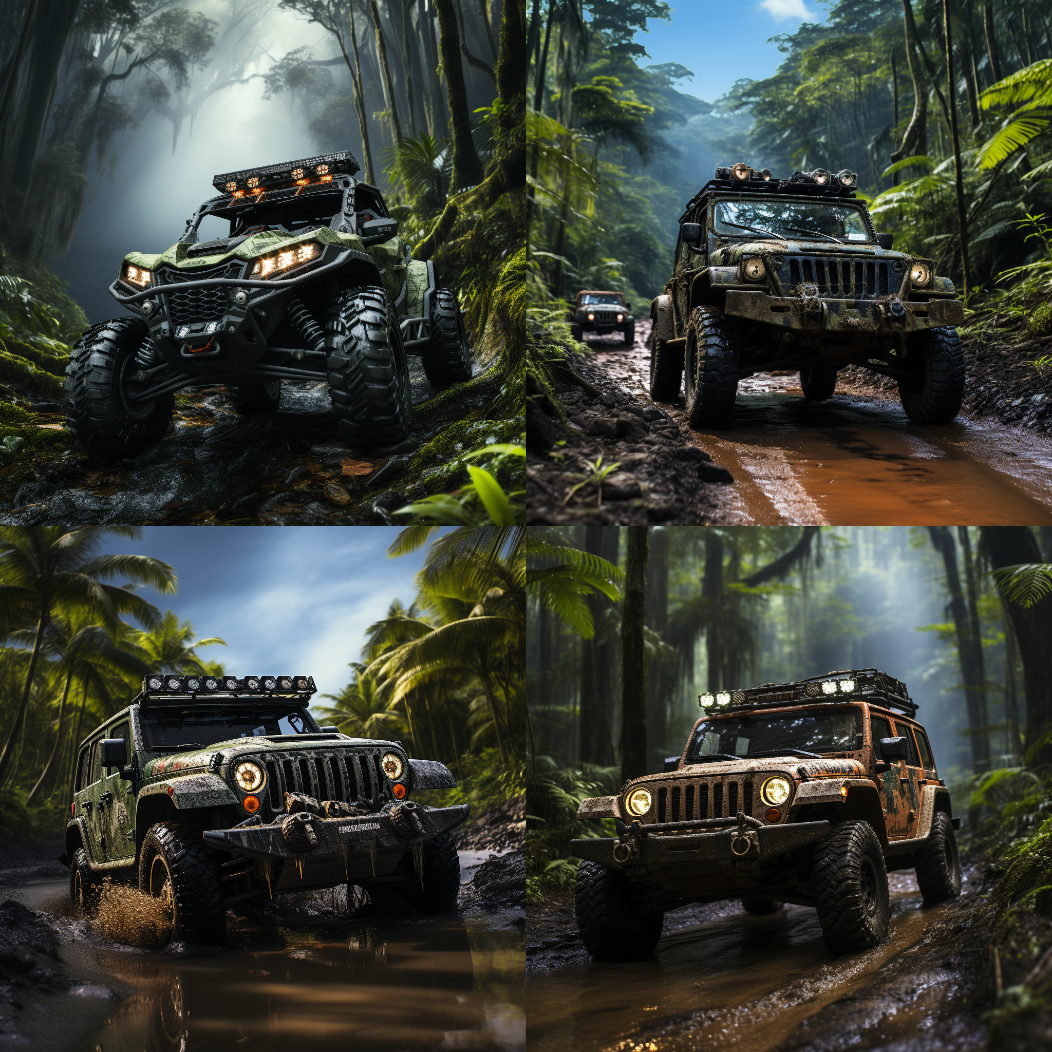 越野车在热带雨林中越野穿越，河流，石头，雨水，山峰，飞驰，喷溅，史诗级拍摄，锐利细节，广角，逼真渲染，vray渲染，8k，超写实，高细节，景深，远景，佳能摄影，活力，电影灯光，摄影，超高分辨率，百万像素，自然光，光纤光学、30 种情绪照明、柔光、体积照明、3d 照明、美化照明、强调照明、全局照明、屏幕空间全局照明、光线跟踪全局照明、发射、光学组件的粗糙度、次表面散射、光线跟踪反射、空腔反射、屏幕空间反射、衍射分级、色差、gb 位移、扫描线、光线追踪、光线追踪环境遮挡、抗锯齿、fxaa、txaa、rtx、ssao、着色器、opengl 着色器、cgi、vfx、sfx、令人难以置信的细节和复杂性