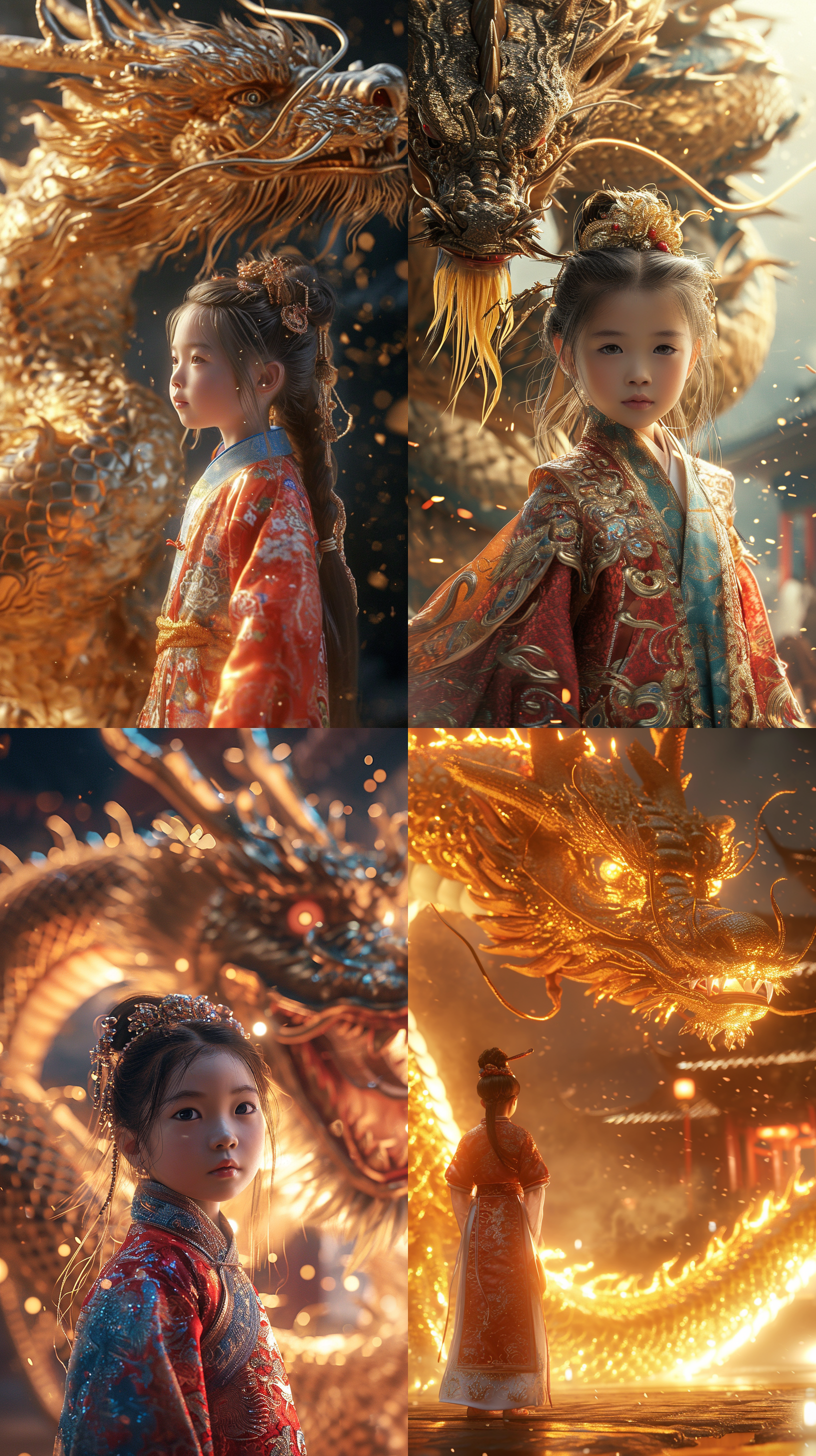 一位漂亮中国女童站在滚烫的金龙面前，她今年4岁，穿着华丽的锡红和蓝色汉服。她是中国炙手可热的金龙，场景宏大，极简，中国龙，c4d渲染，大师作品，吉田昭彦，幻想艺术，史诗灯光，超高清，精细细节，调色
