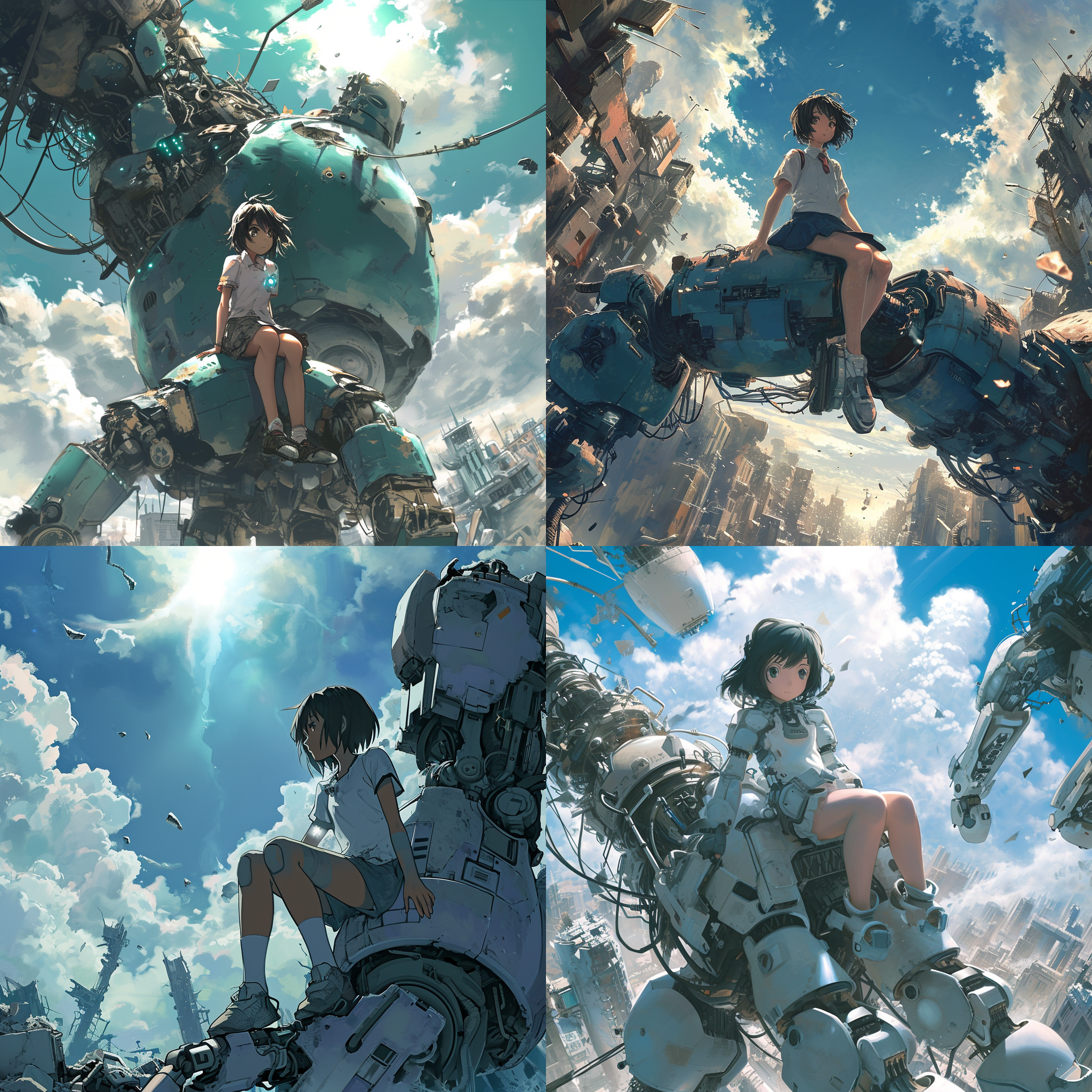千与千寻，机甲风格，主题色调蓝色，环境是未来城市废墟，构图对称，人物为千寻坐在一架巨大机甲手臂上，背景有破碎的建筑和飞船残骸，阳光透过云层照射下来，呈现出神秘而壮观的场景。机甲手臂上的细节工艺精湛，千寻表情坚定，传达出勇敢和冒险的情感。