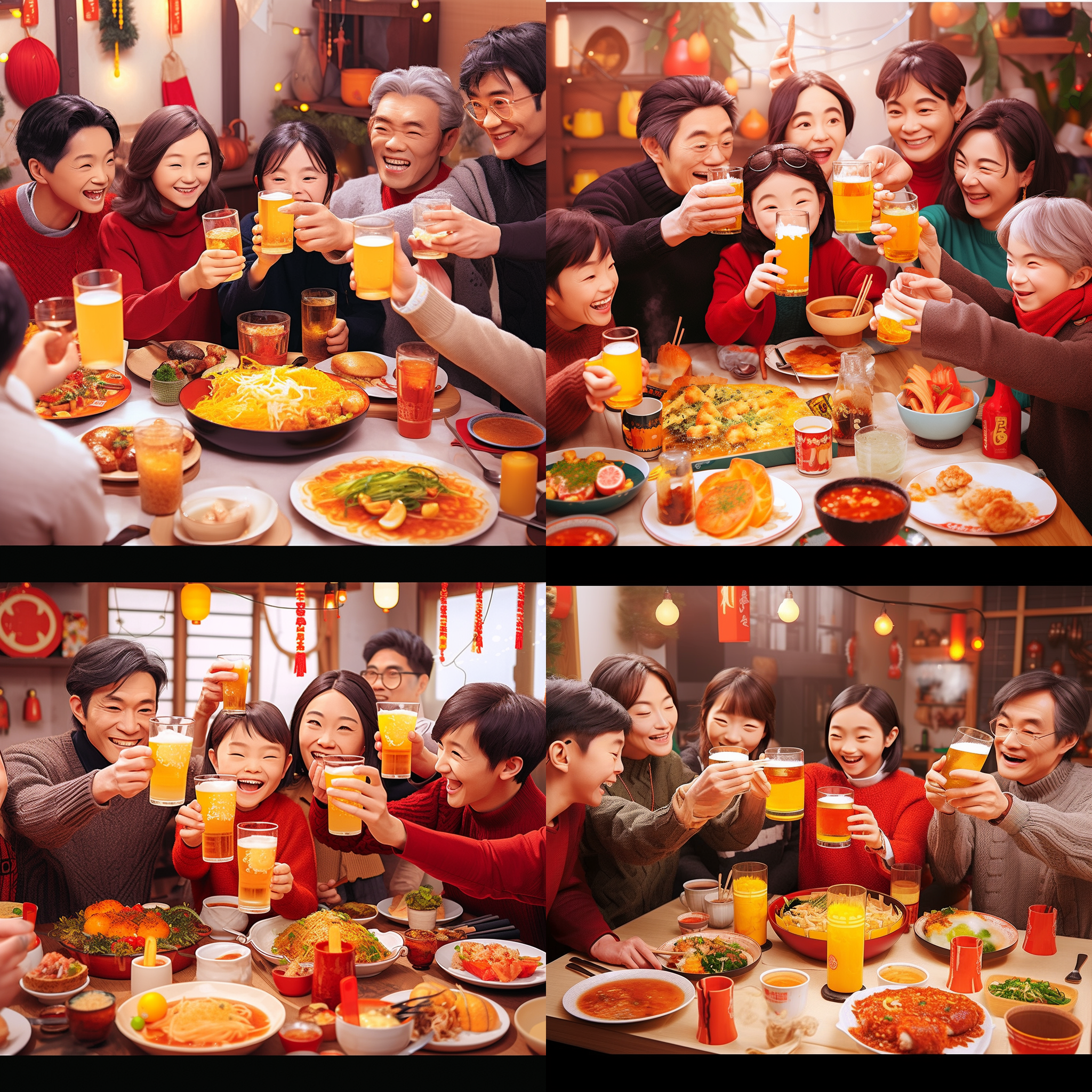 年夜饭漫画，明亮的色彩，温馨的氛围，大家围坐在一张长桌前，满桌丰盛的美食，笑容满面，快门速度适中，细节清晰，描绘出喜庆的场景。