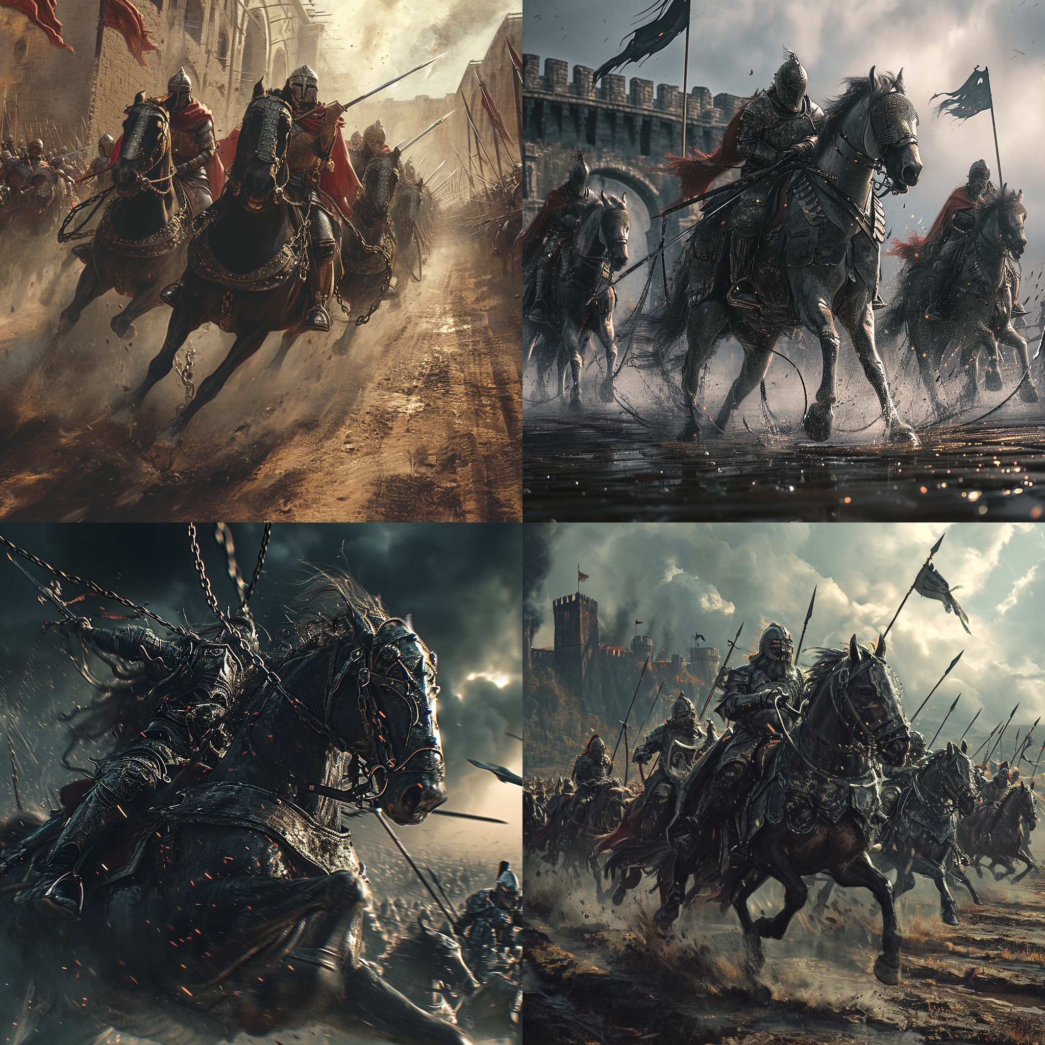 铁甲连环马，壮观的战斗场景，庞大的规模，透视构图，彩色风格，广角镜头，高光和阴影的强烈对比，速度感，震撼人心。