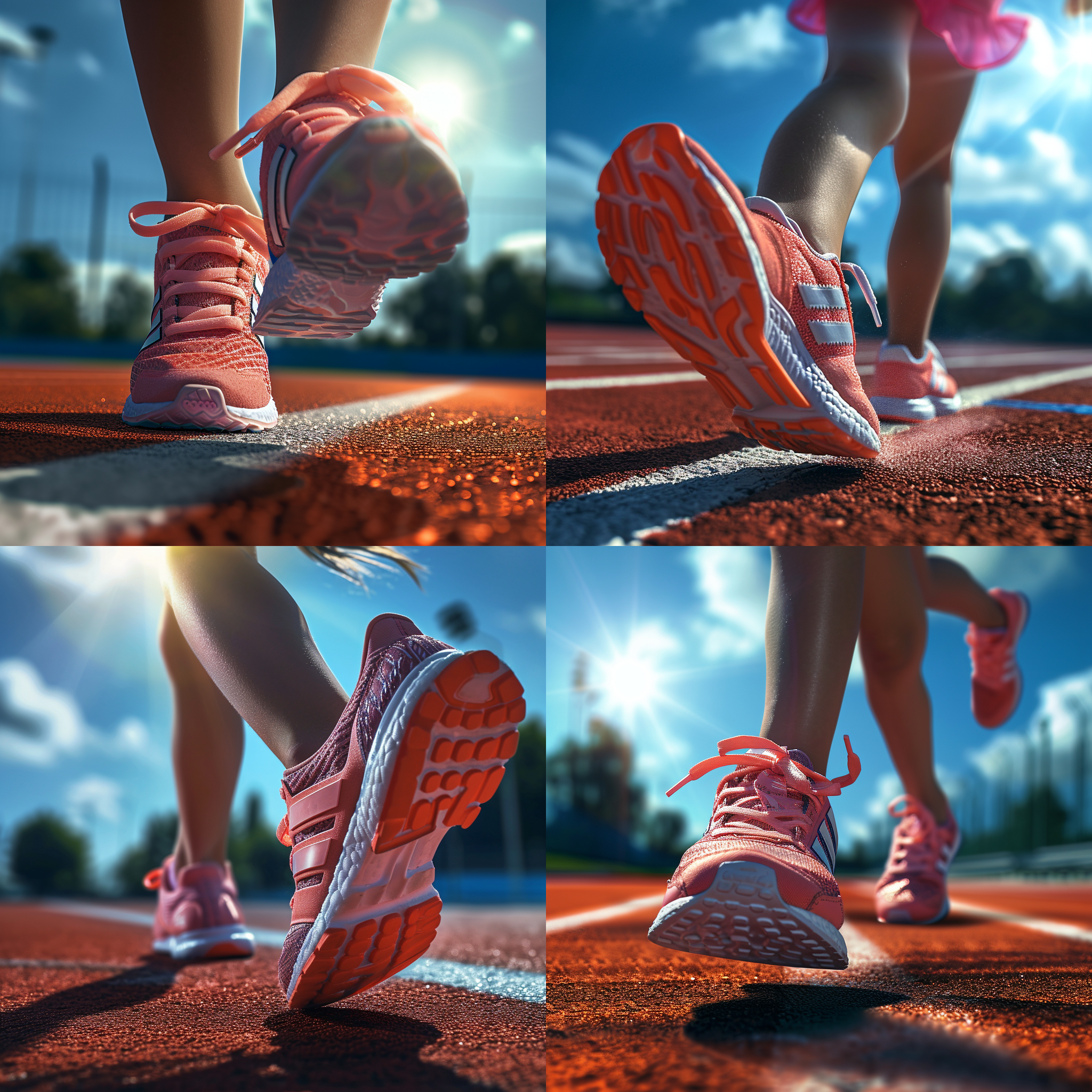 阿迪达斯童鞋，logo，写实风格，3d效果，明媚的自然光线照射，局部对比度增强，广角镜头，运动跑道，穿着跑鞋开心的女孩。