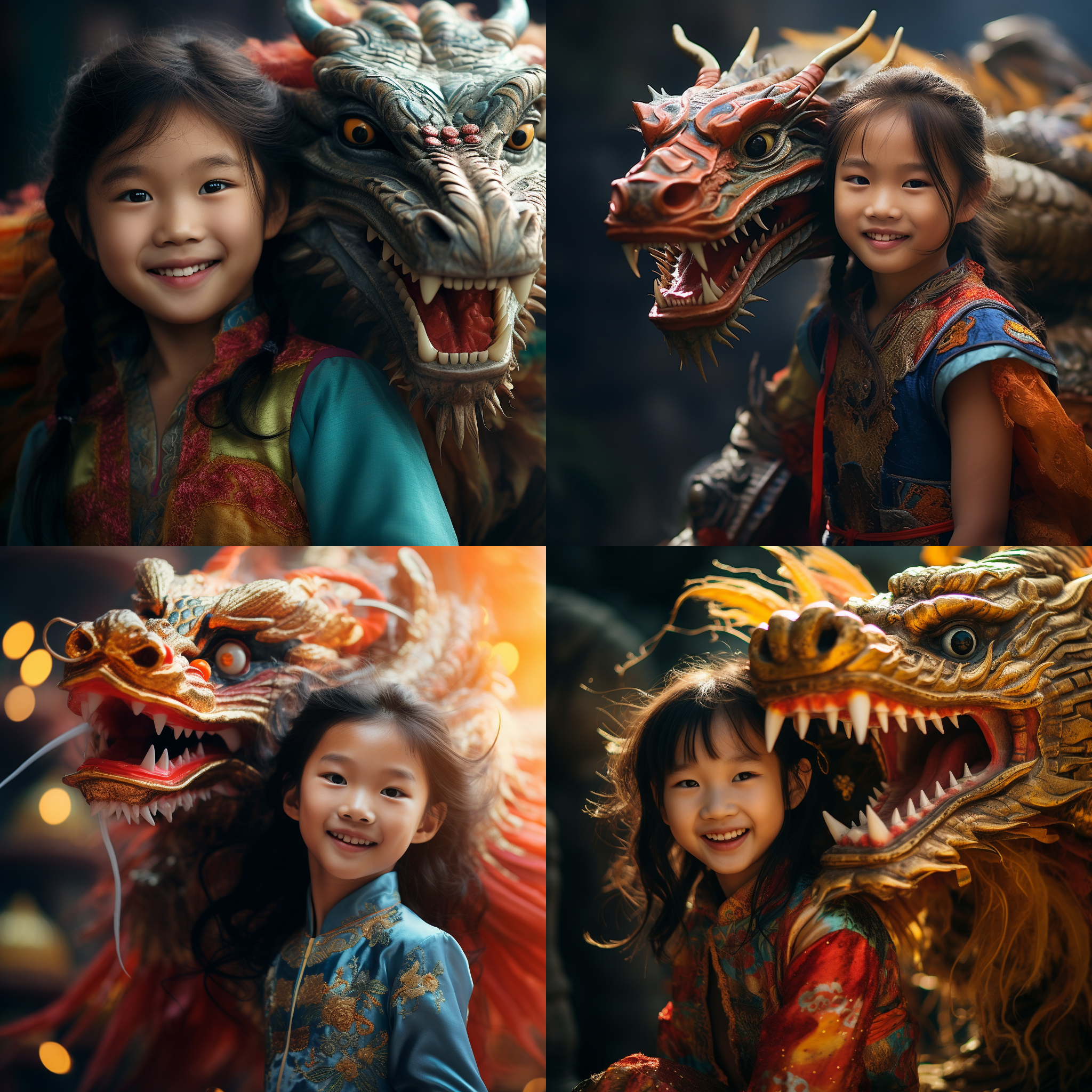 8岁女孩与龙相伴，开心笑脸，大半身特写，中国面孔，女侠风范，明亮色彩，远景背景，长焦镜头，动作优美，自然光线，欢快氛围。