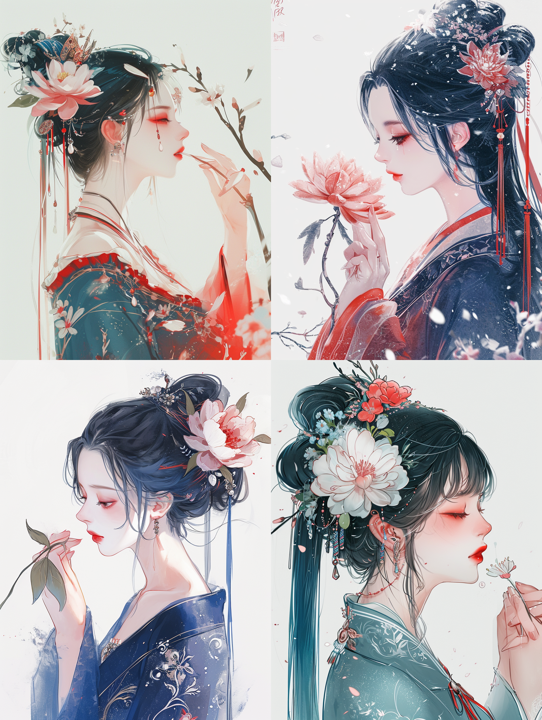 1girl, solo, hair ornament, flower, hair flower, holding a flower, perfect hands, makeup, blue hair, eyelashes, dacing, white background, black hair, eyeshadow, lips, profile, parted lips, chinese clothes, red lips,upper body, lipstick, simple background, ((poakl)), ,moyou