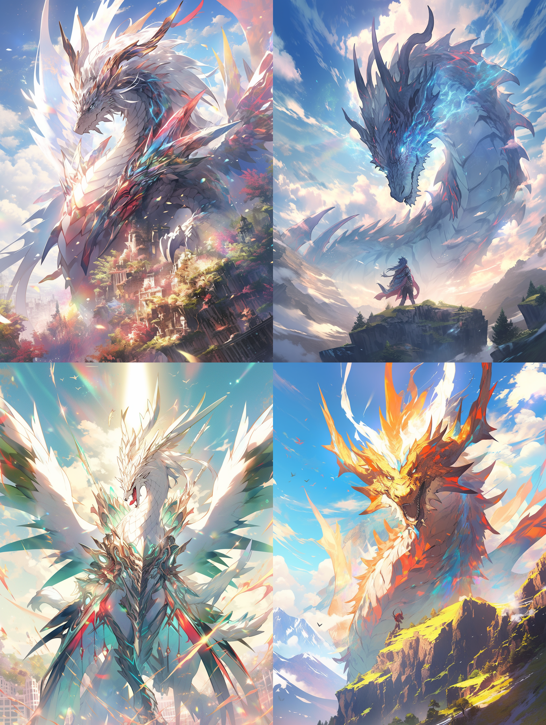 动漫风格，壮丽的龙主题壁纸。构图对称，细节丰富，色彩鲜艳。使用广角镜头，环境为苍茫山脉。光线柔和，呈现神秘感。龙张开翅膀，展现威严，表情凶猛。