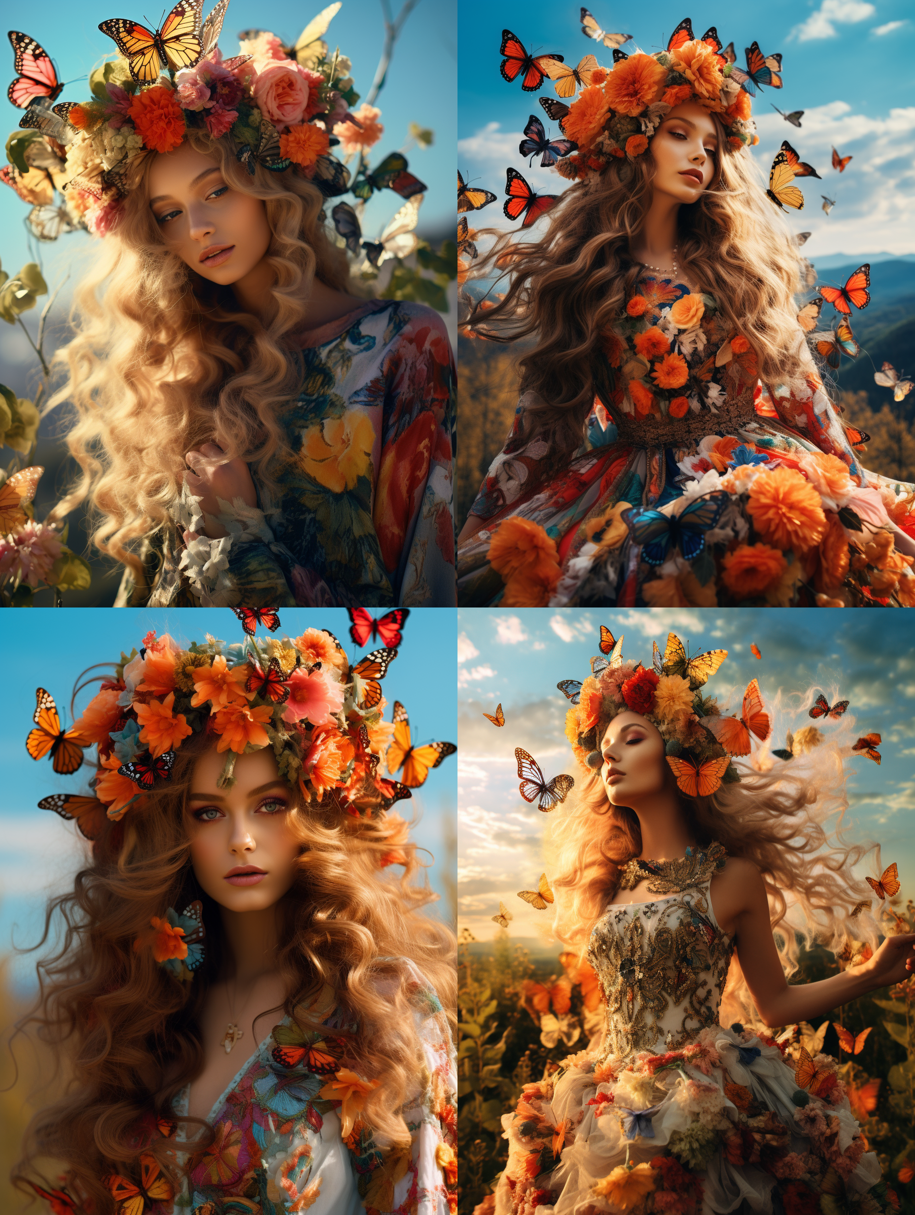 女孩头顶五彩蝴蝶，身被围绕，山谷中，突出花环女孩，细节突出，明亮色彩，广角镜头，自然光，飞舞，欢快。