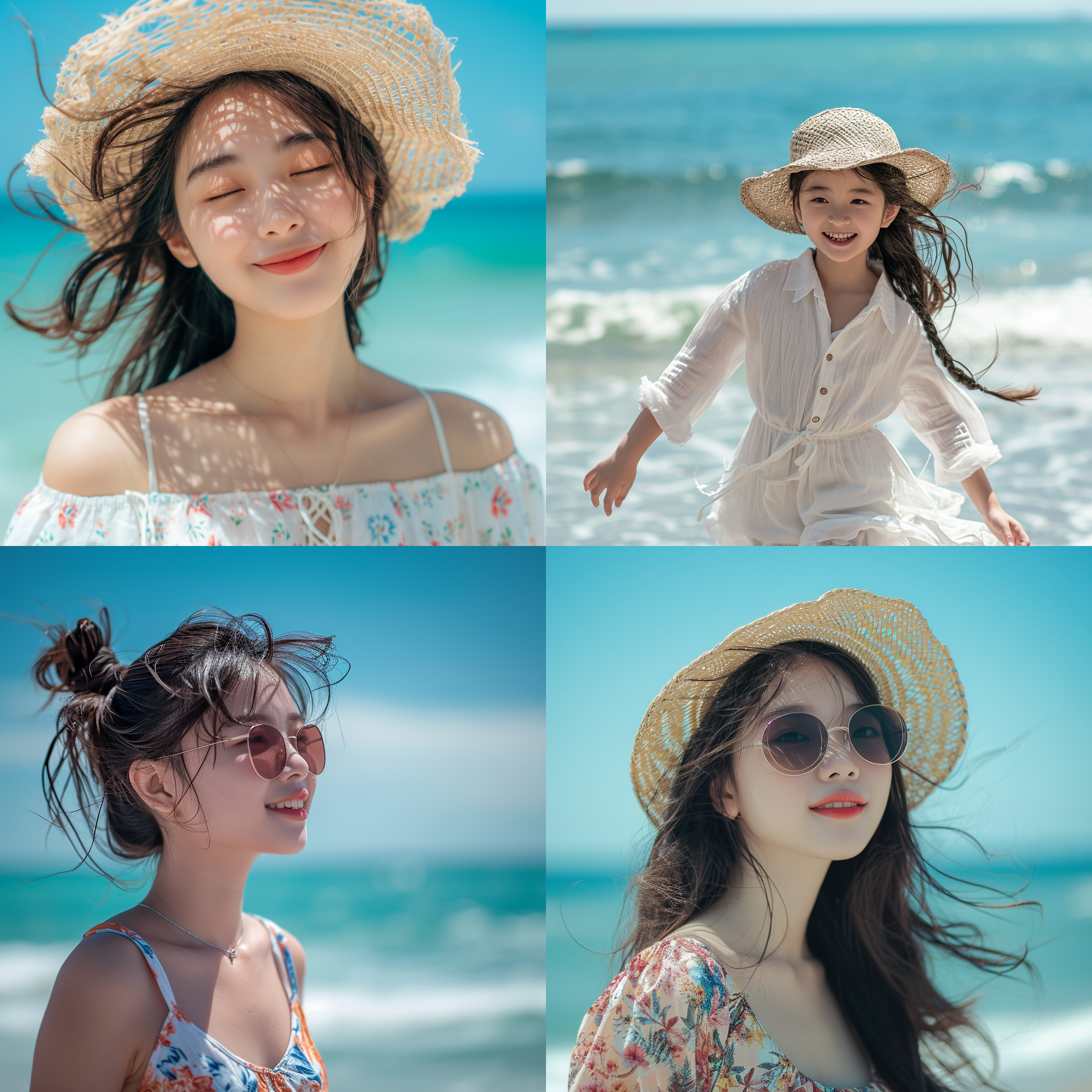 中国女孩，夏天服饰，海滩度假，脸部泛红，清晰焦点，自然光线，长焦镜头，沙滩上，欢快动作，蓝色大海，放松，快乐。