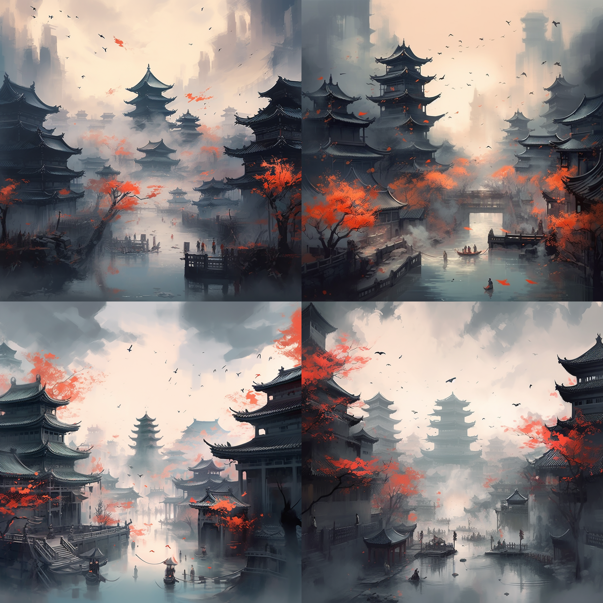 城池被火包围，水墨画面，国风飘逸，俯视角度，多建筑，火焰燃烧，黑白色调，高对比度，广角镜头，灰暗光线，浓烟弥漫，悲壮。