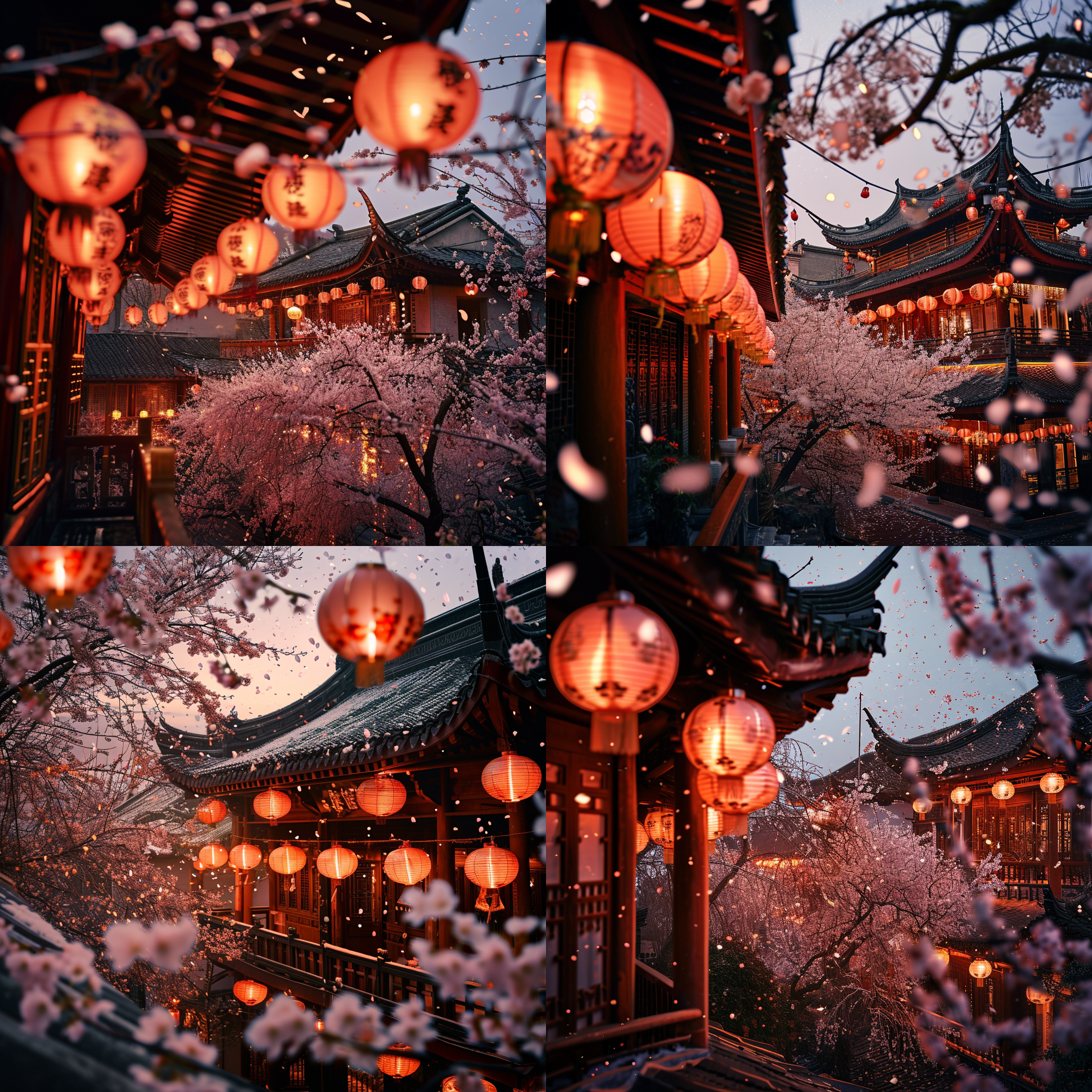 禅意小镇，孔明灯飞舞，樱花开了。远处是一座古老的寺庙，屋顶上点缀着红色的孔明灯，在夜空中翩翩起舞。一棵粉色的樱花树在寺庙前盛开，花瓣如雪般飘落。透过广角镜头，画面呈现出宁静和祥和的氛围。黄昏的天空中还有残留的橘红色余晖，给整个画面增添了温暖的色彩。