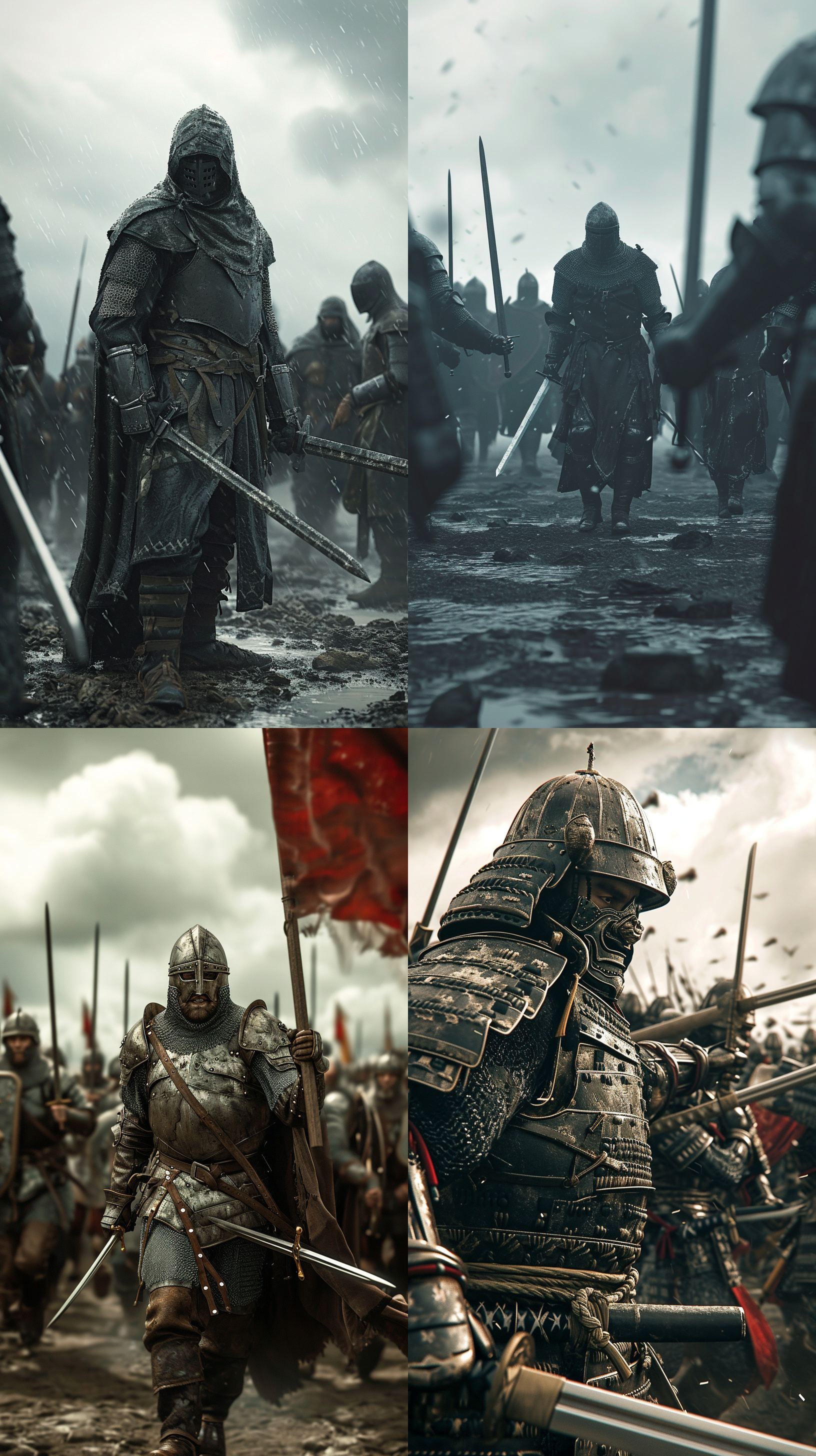 喜欢战斗的士兵，手握锋利铁剑，行军路上，战友环绕。阴天乌云笼罩，广角镜头，高品质超级细节，复杂细节高分辨率，4k高清，3d软件+渲染器+材质+光照，逼真渲染风格。战士坚毅表情，决心，力量，希望，荣耀，暗色调，浓重氛围，激烈行军，刀剑交击。