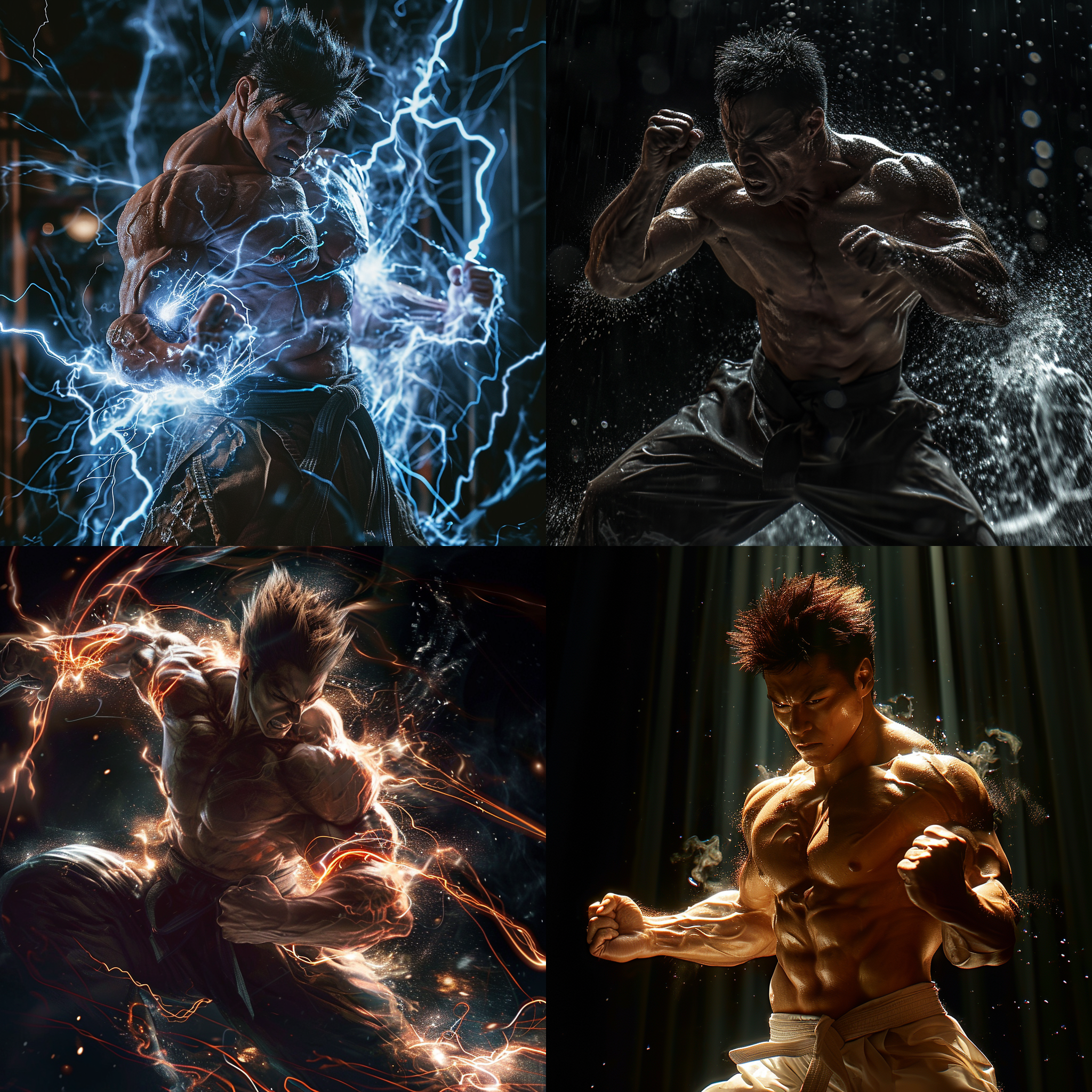 北斗神拳，健次郎在战斗中展现出无与伦比的力量。黑暗背景下，健次郎以动态构图为主，用近距离镜头捕捉到他肌肉的细微变化。光线来自一束强烈的侧光，突出了他的肌肉线条和决心。高速快门捕捉到他的快速动作，整个画面洋溢着紧张和激情。北斗神拳，动态构图，近距离镜头，侧光，高速快门，力量，紧张，激情。