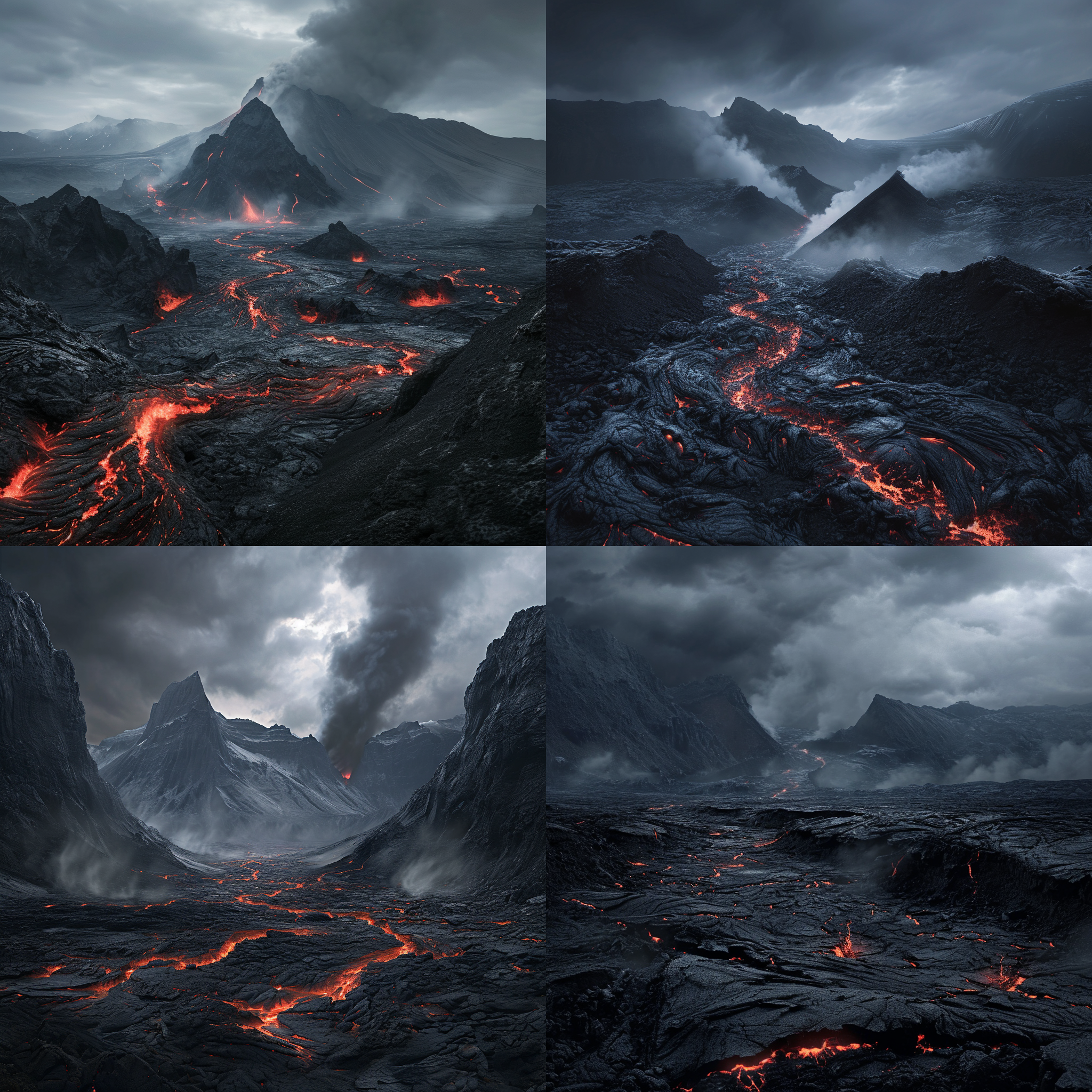 山崩地裂，壮观景象。远处巍峨的山脉在烟雾弥漫中崩塌，大地龟裂。构图对称，配以广角镜头，突出环境的广阔和震撼力。光线昏暗，呈现神秘而恐怖的氛围。颜色以灰黑为主，搭配火红的岩浆喷涌，增加视觉冲击力。