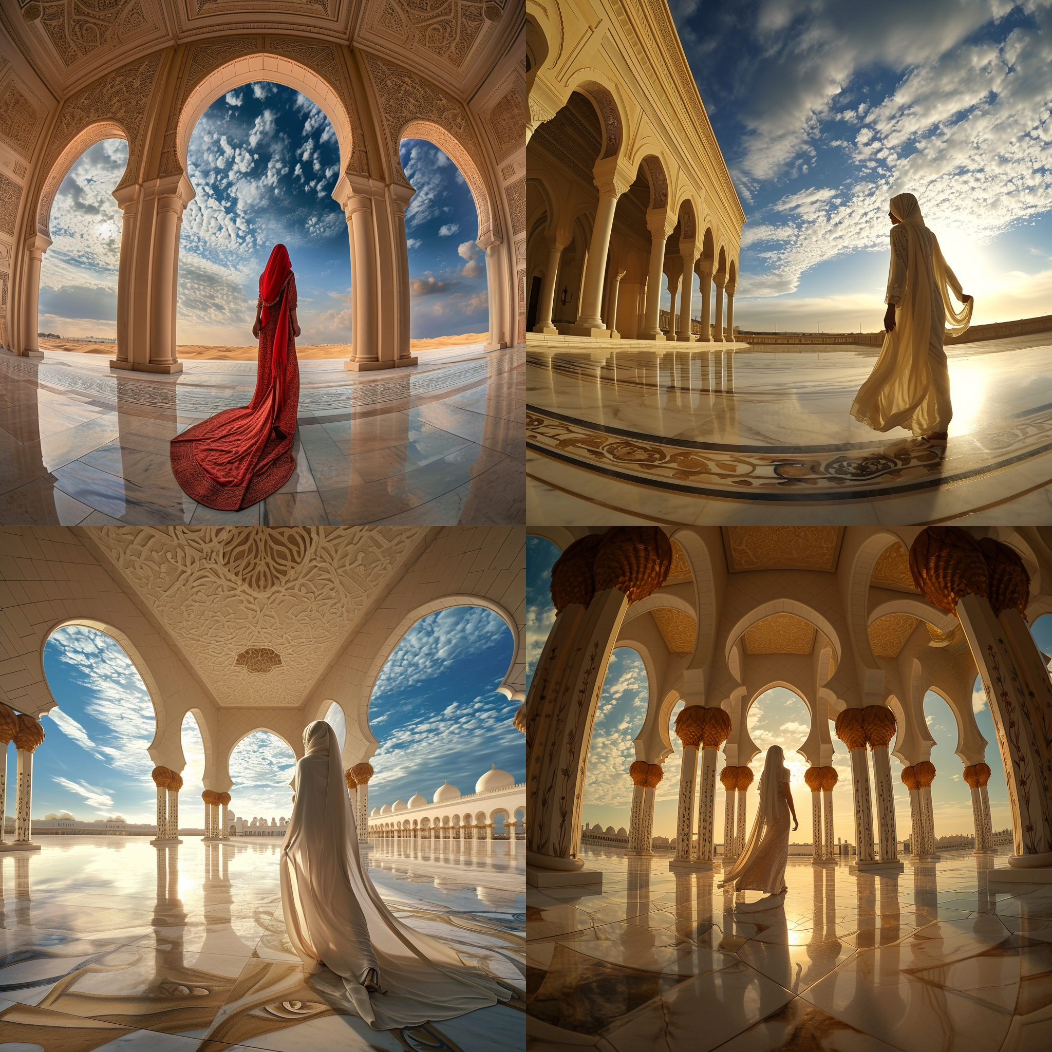 阿利法，阿拉伯风格。夕阳下的沙漠，宏伟的阿拉伯建筑，金黄色的沙丘，蓝天白云映衬。大理石地板上，一名穿着传统阿拉伯服饰的女子优雅地行走。中景构图，远近对比，鱼眼镜头，柔和光线，缓慢快门，优雅。
